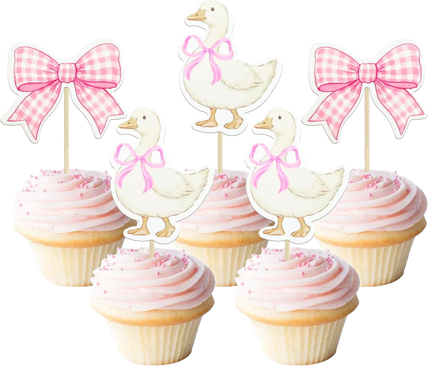 Gyufise 36Pcs Silly Goose Cupcake Toppers Double Sided Silly Goose Pink Bow Baby Shower Birthday Decorations Party Supplies for Cake Decorations Girls Birthday Party Supplies Pink White