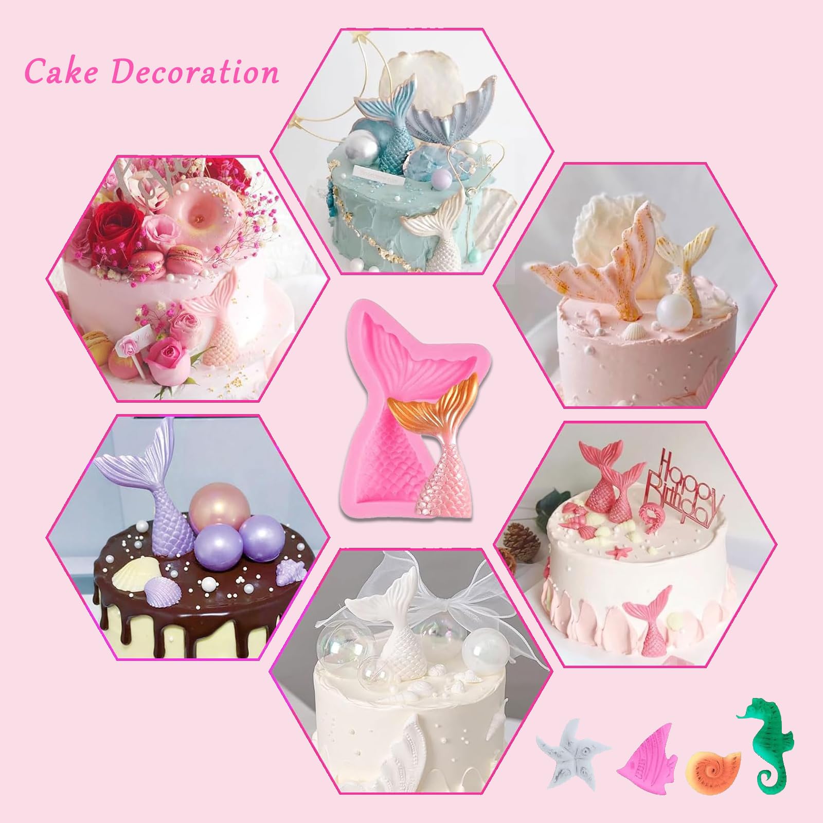 xlwen Zeemeerminstaart siliconen vorm, 6 stuks vormen fondant zeemeermin, siliconen fondant, vormen voor het bakken, chocolade, marsepein, cake, gelei, snoep
