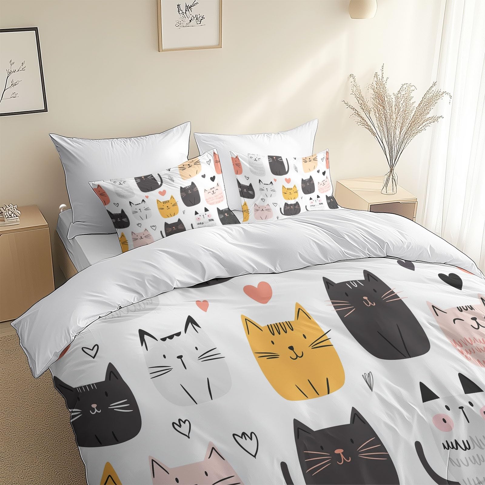 XCQHZYQ Cot Bed Duvet Cover Set Cartoon Cat 120x150 cm White Polycotton Child Quilt Duvet Cover Set, Super Soft Hypoallergenic Toddler Bedding for Boys Girls