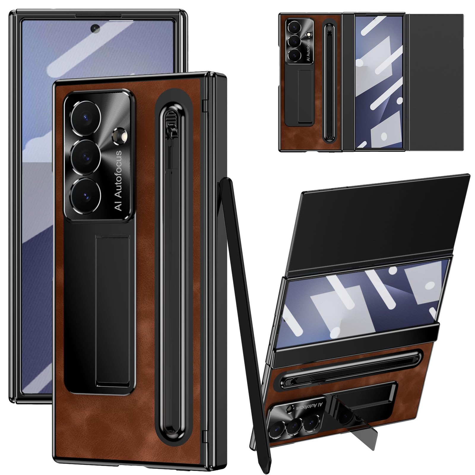 for Samsung Galaxy Z Trifold Case with S Pen Holder & Stylus Pen, Retro Leather Phone Case with Kickstand Small Screen Protector Hinge Protection Protective Cover for Galaxy Z Trifold Brown