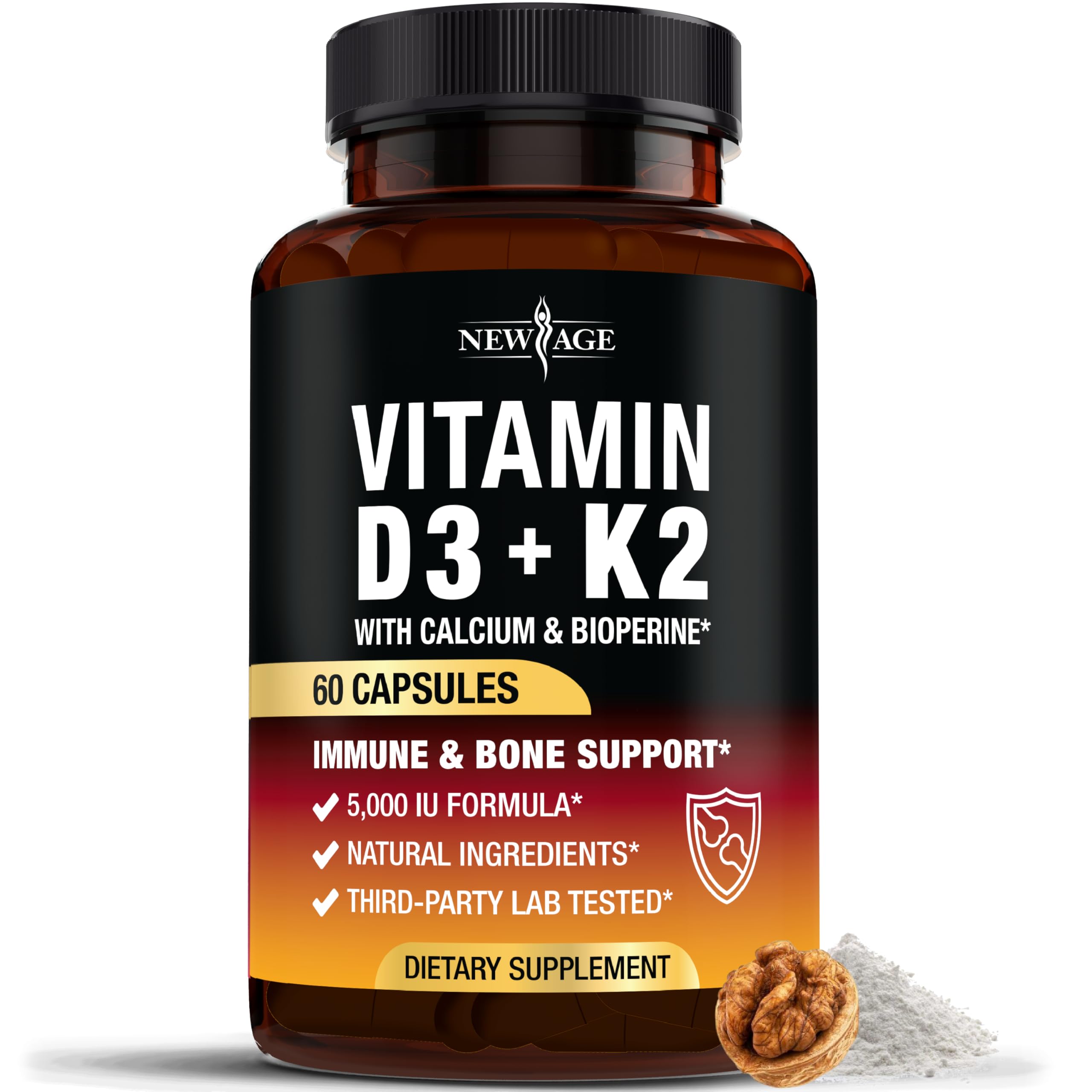NEW AGE Vitamin D3 5,000 IU + K2 MK-7 100 mcg - 2-in-1 Bone, Immune & Heart Support, Easy to Swallow, Non-GMO - 180 Capsules — Amazon image 9