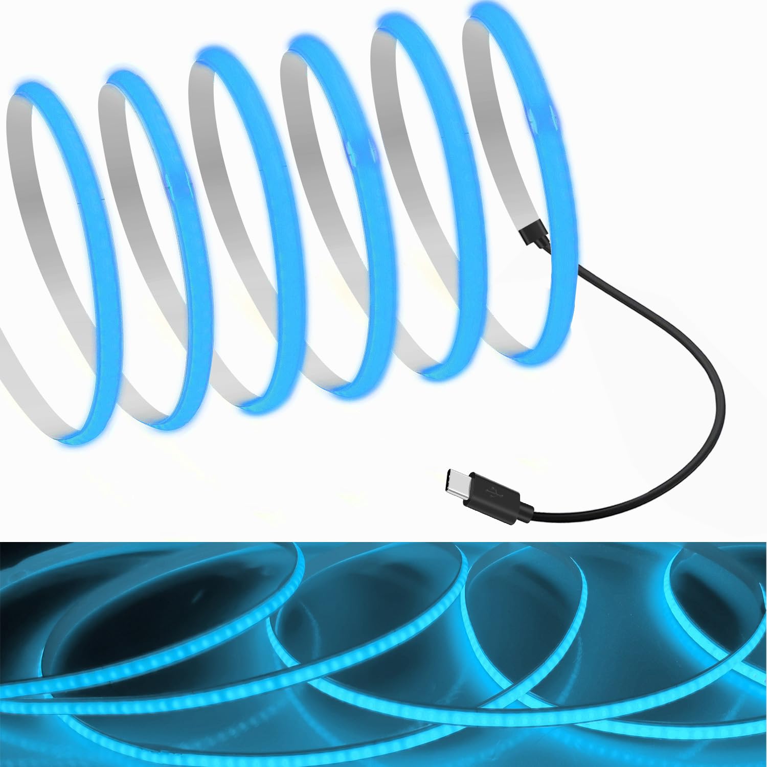 MDee】Type C COB Tape Light LED Strip.9.84ft/3m- Flexible 5mm Hidden DC 5V LED Tape with 320 LEDs/m for Iceblue Lighting. Cuttable, Shapeable, Type C Powered. Ideal for Kitchen