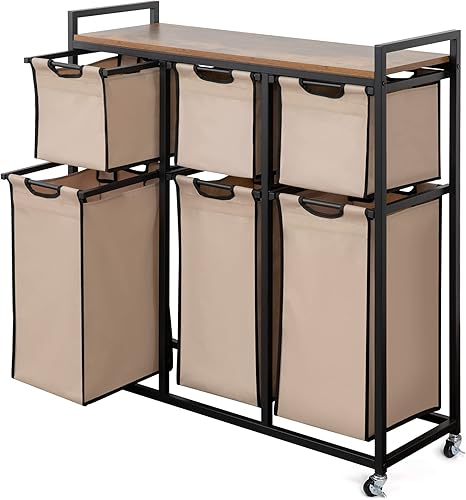 Cesta organizadora de lavandería, cestas para lavandería, 6 compartimentos, cesta de lavandería con 6 bolsas deslizantes clasificadoras de