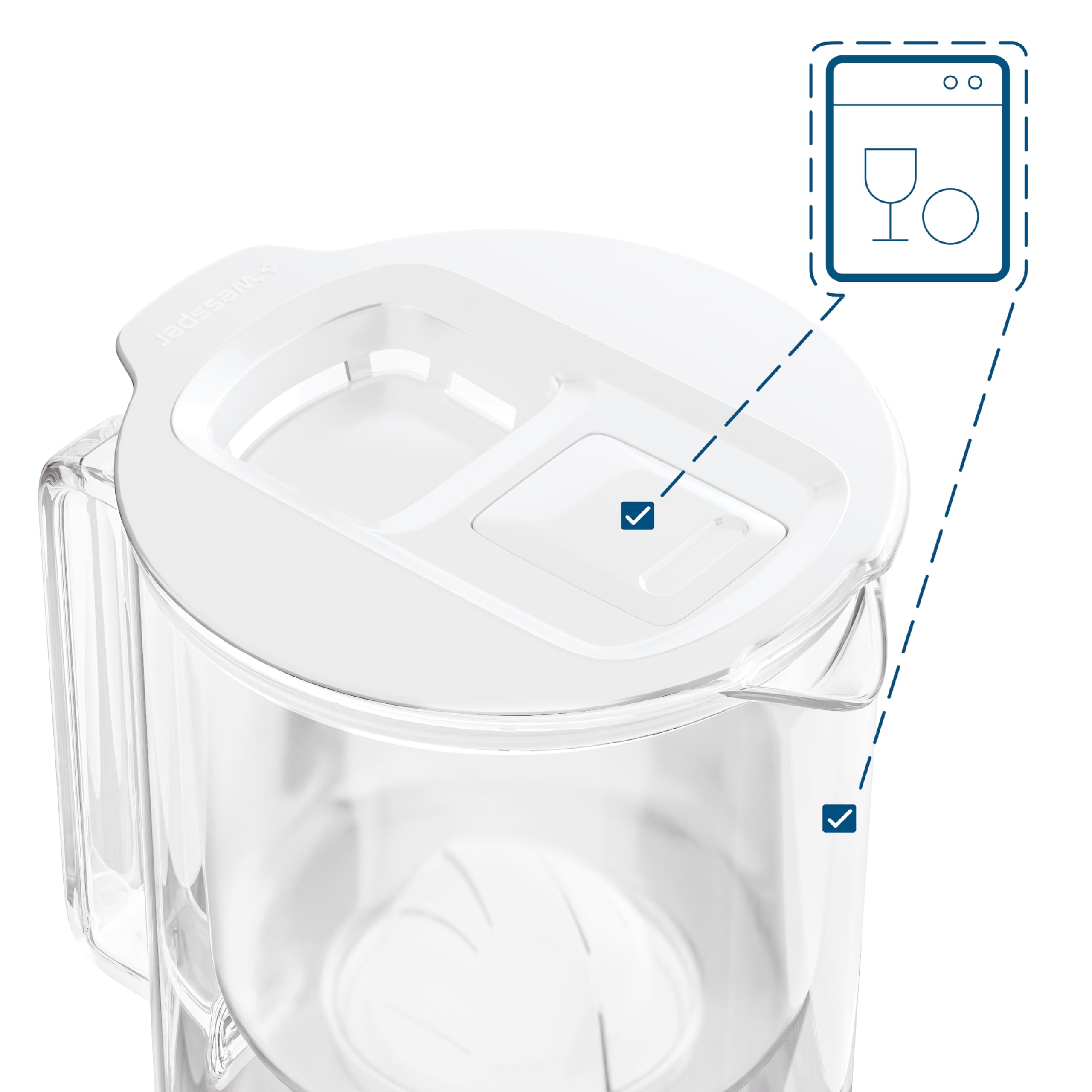 Wessper Caraffa filtrante in Vetro con Cartucce Filtranti per acqua potabile da 2 l, Brocca in Vetro con contatore Filtro Intelligente, Kit Comprendente 1 Filtro a Carbone Attivo- Bianco