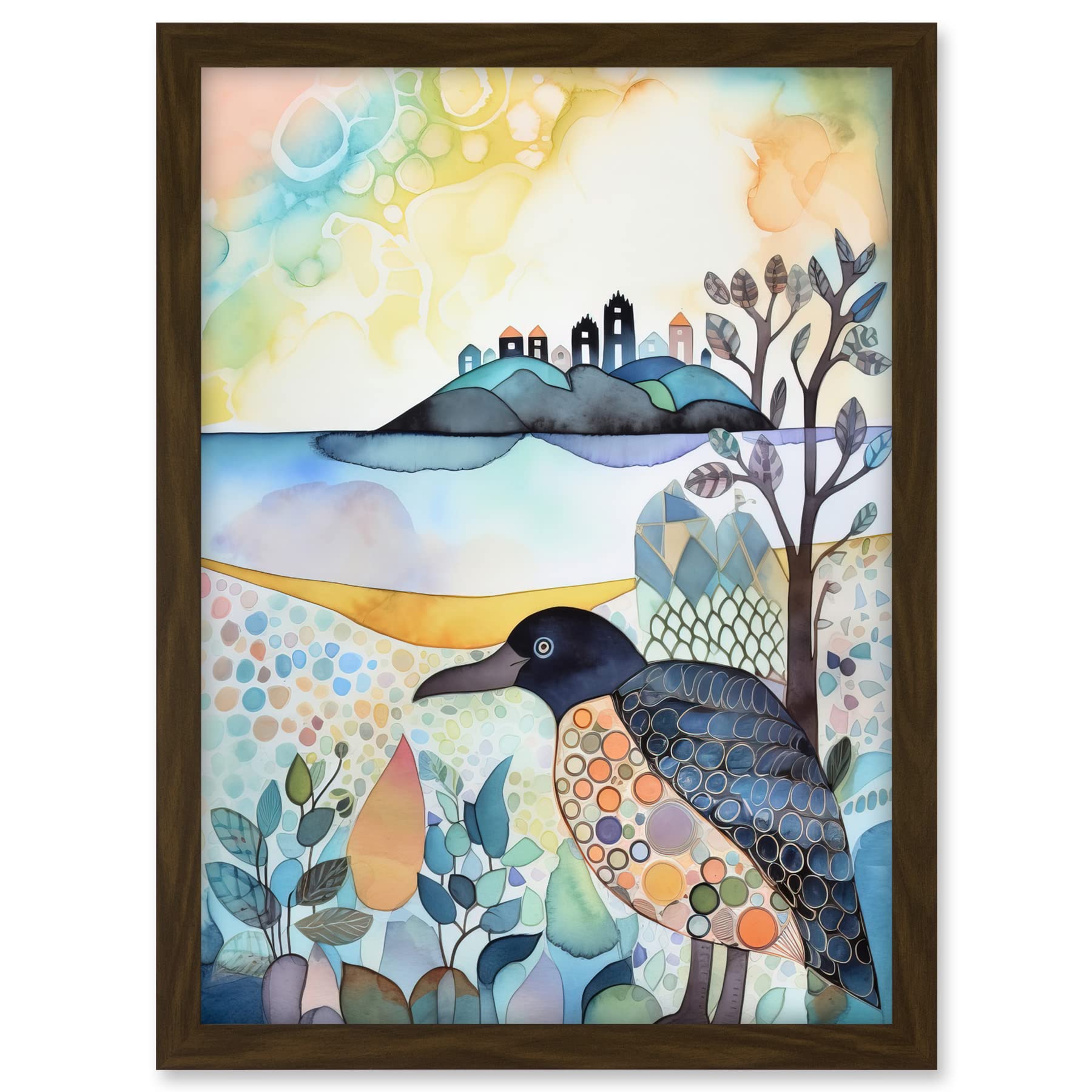 Artery8 Coastal Island Wildlife Folk Art Watercolour Painting Artwork Framed A3 Wall Art Print