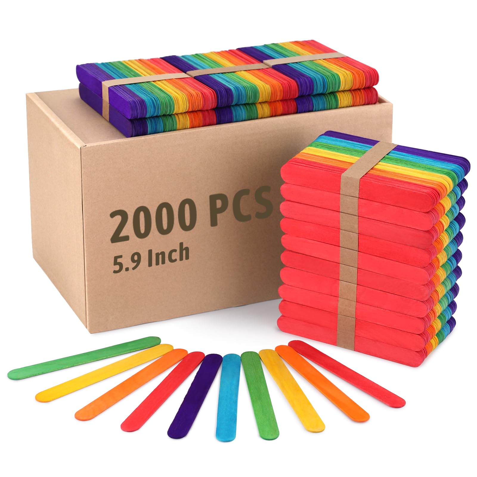 WISYOK 2000 Jumbo Rainbow Popsicle Sticks - 6 Inch Wooden Rainbow Craft Sticks, Great for DIY Craft Creative Designs and Children Education, Home Art Projects