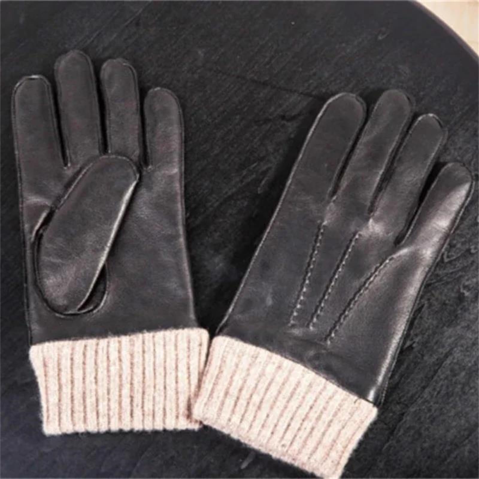 Guantes de piel de oveja auténtica para hombre, ondulados, para pantalla táctil, con forro de lana, guantes de conducción cálidos para invierno