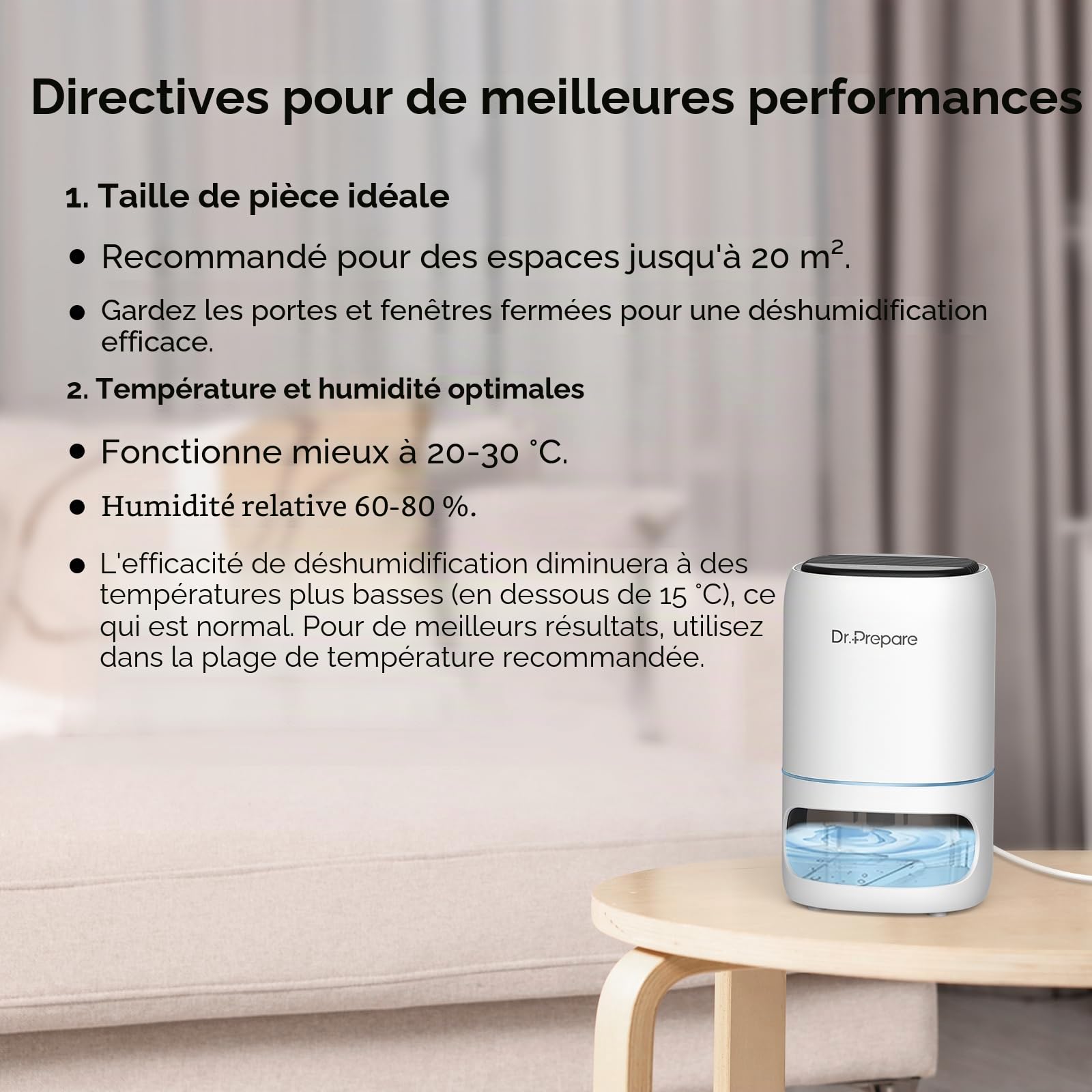 Dr.Prepare Deshumidificateur Electrique Deshumidificateur d air 1L Deshumidificateurs pour Chambre à Coucher Deshumidificateurs la Maison Portable et Ultra Silencieux, Chambre, Bains, Armoire