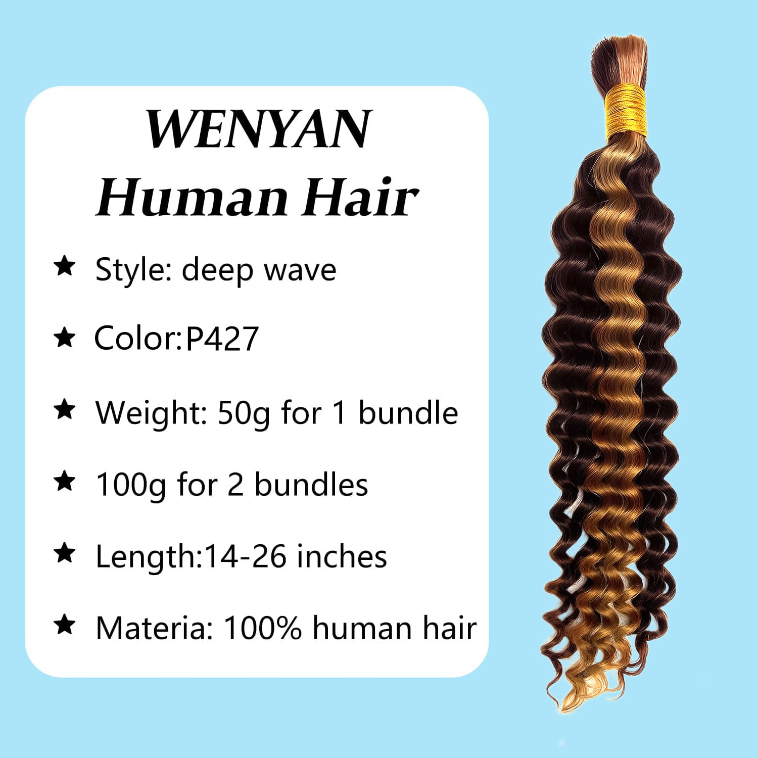 Human Braiding Hair Boho Braids Hair 100g (2 Bundles x 50g) Bundle Deep Wave Bulk Braiding No Weft 100% Unprocessed Brazilian Virgin Human Hair Extensions P4/27 Color (14 14 inch/100g) - Image 2