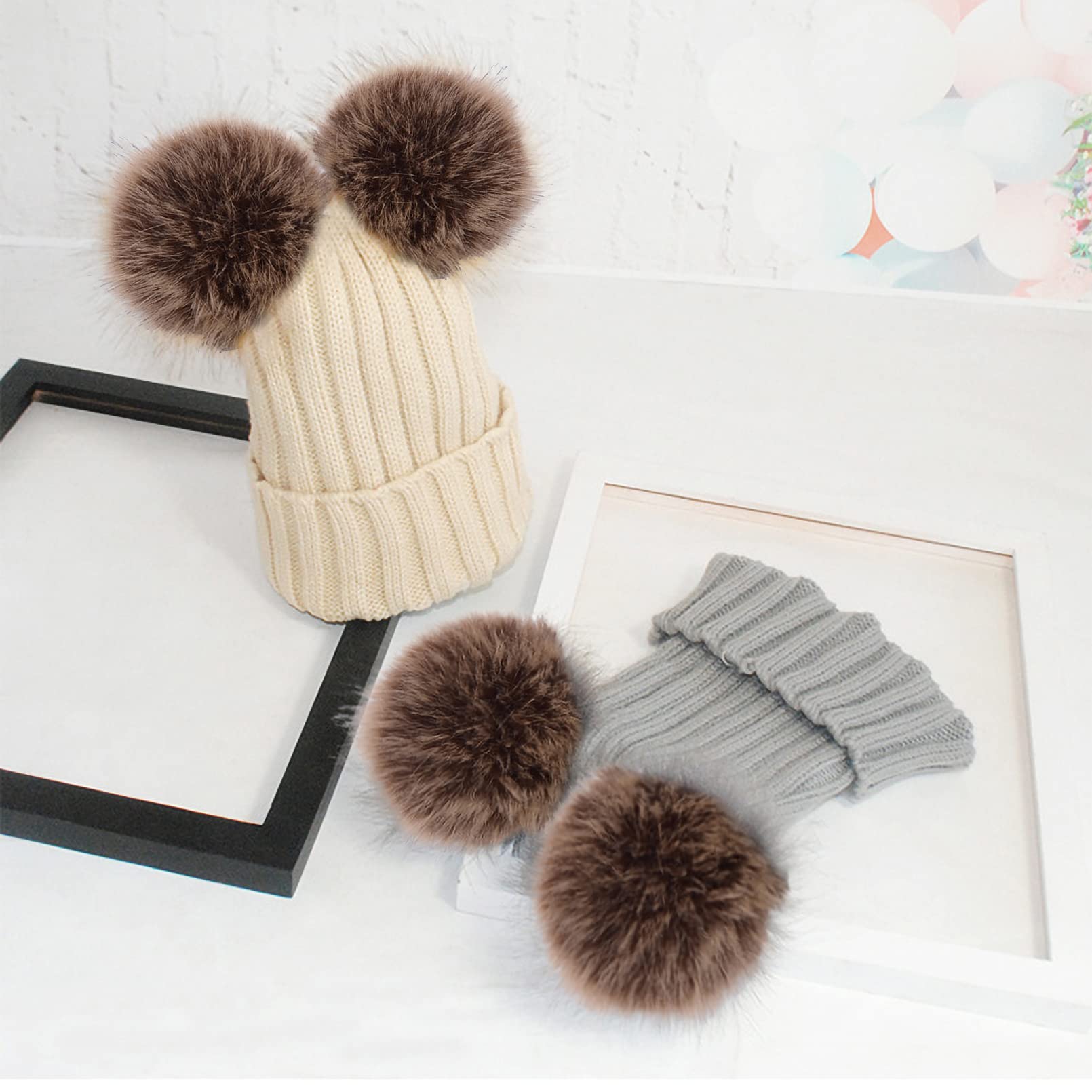BeFur Gorro de lana unisex para niños, gorro de punto, gorro de invierno cálido con pompón y dos pompones, gris, Talla única
