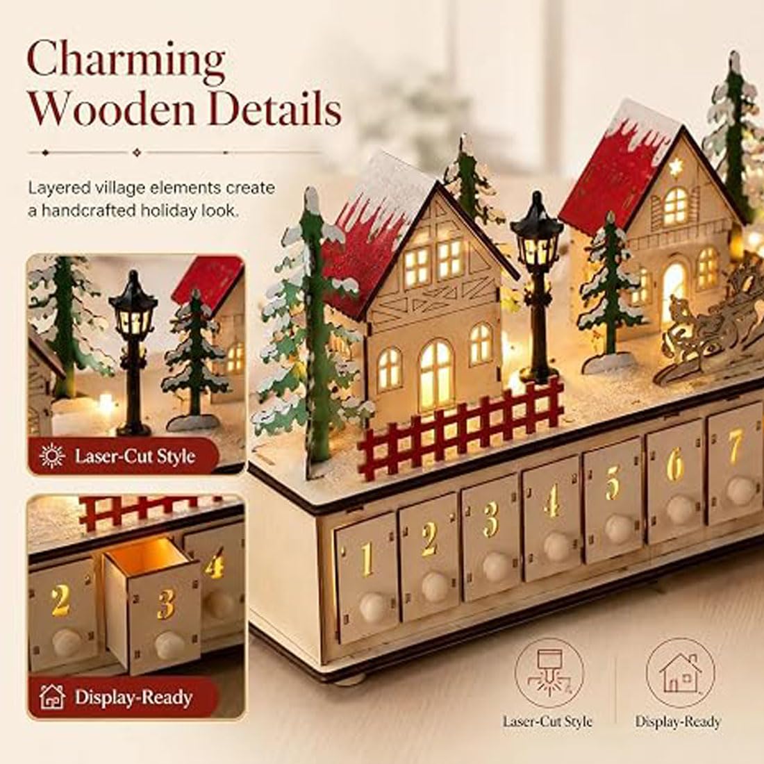 Calendario de Adviento de Madera con Iluminación LED, 24 Cajones (A) | Rueda de Adviento de Madera con Cuenta Regresiva de 24 Días para Decoración Navideña