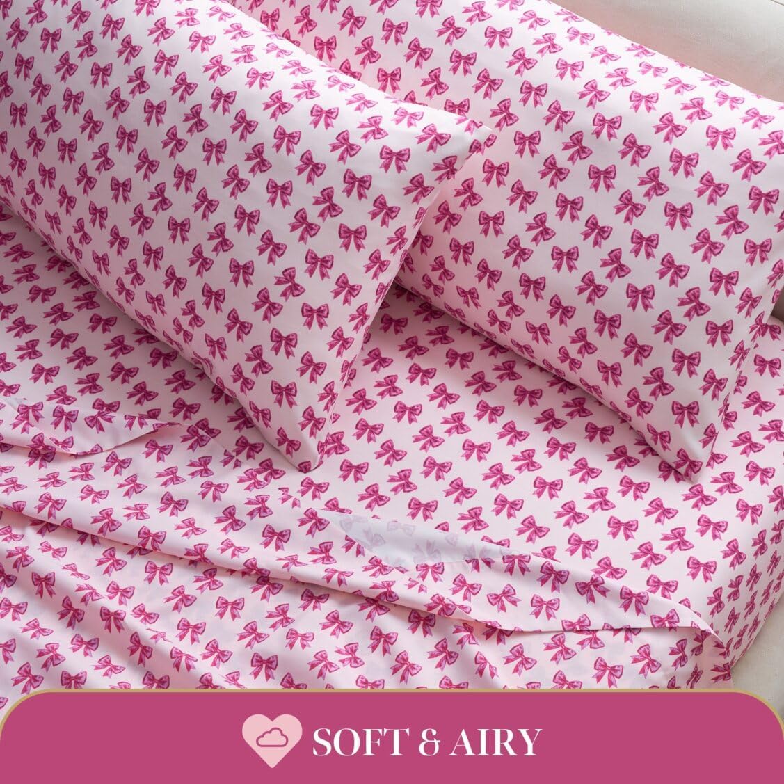 Paris Hilton King Size Sheets Set – 4 Piece Bed Sheets with Fitted Sheet, Flat Sheet, 2 Pillow Shams, Fits up to 16" Mattress Deep Pocket King Sheet Set for Women, Bows, Pink