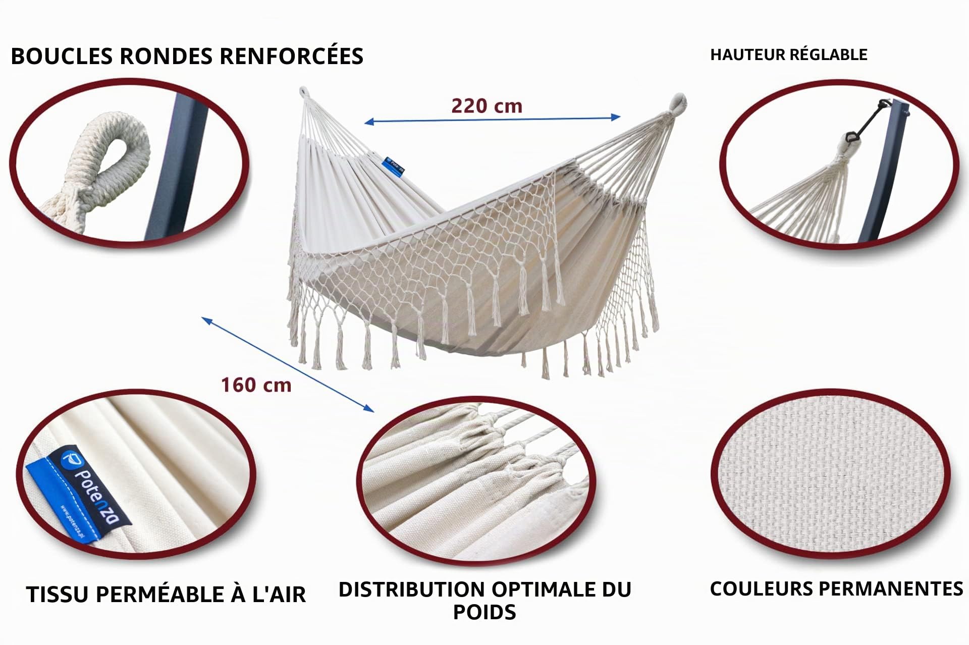Potenza® Hamac avec Support Anti-rouille pour 2 personnes Démontable – Les Hamacs Double XXL - Lit en métal galvanisé antirouille suspendu portable - Jardin - Support Graphite un Hamac à franges Crème