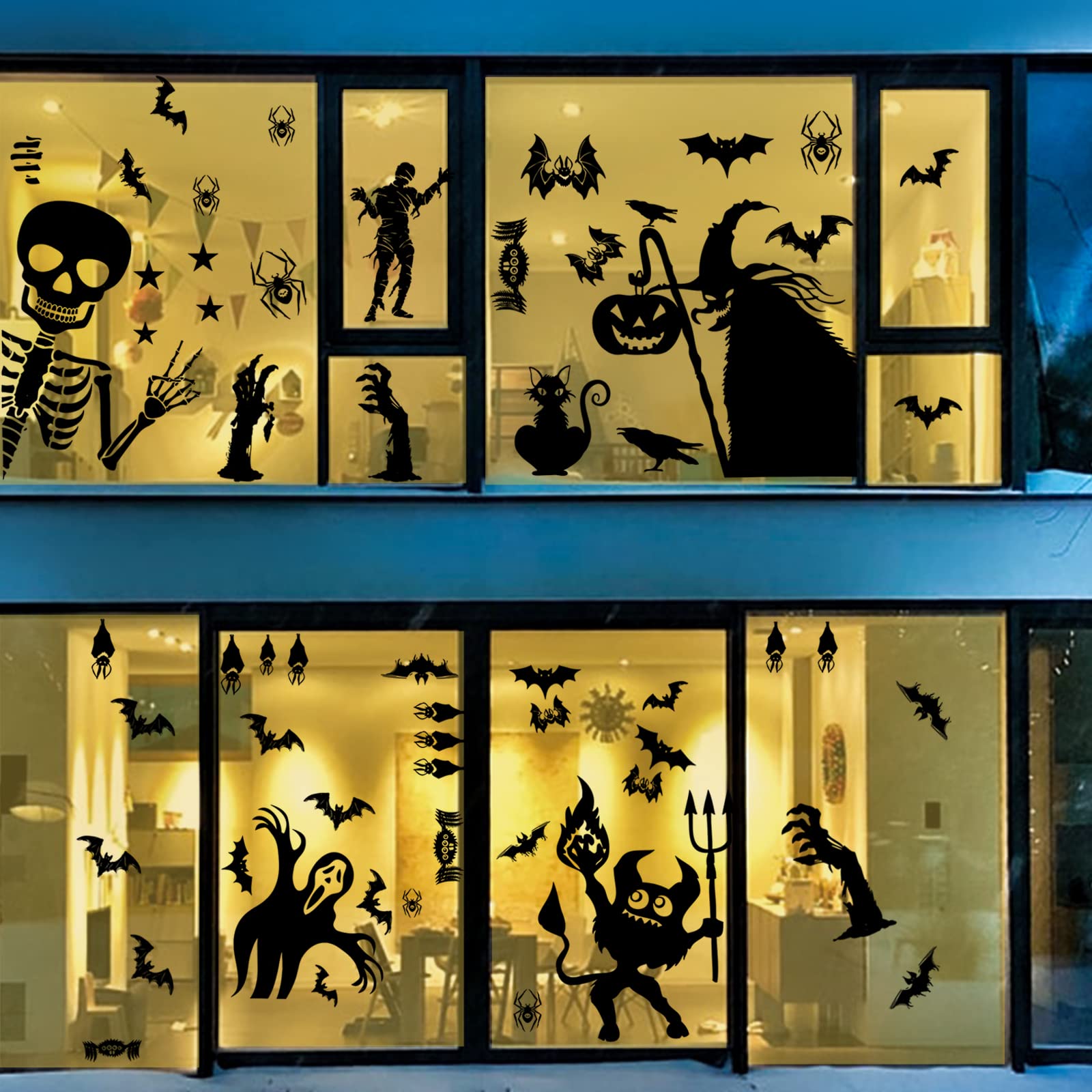Autocollants Halloween Pour Fenêtres - Lot De 3 Feuilles Amovibles - Décorations Citrouille, Chauve-souris, Sorcière