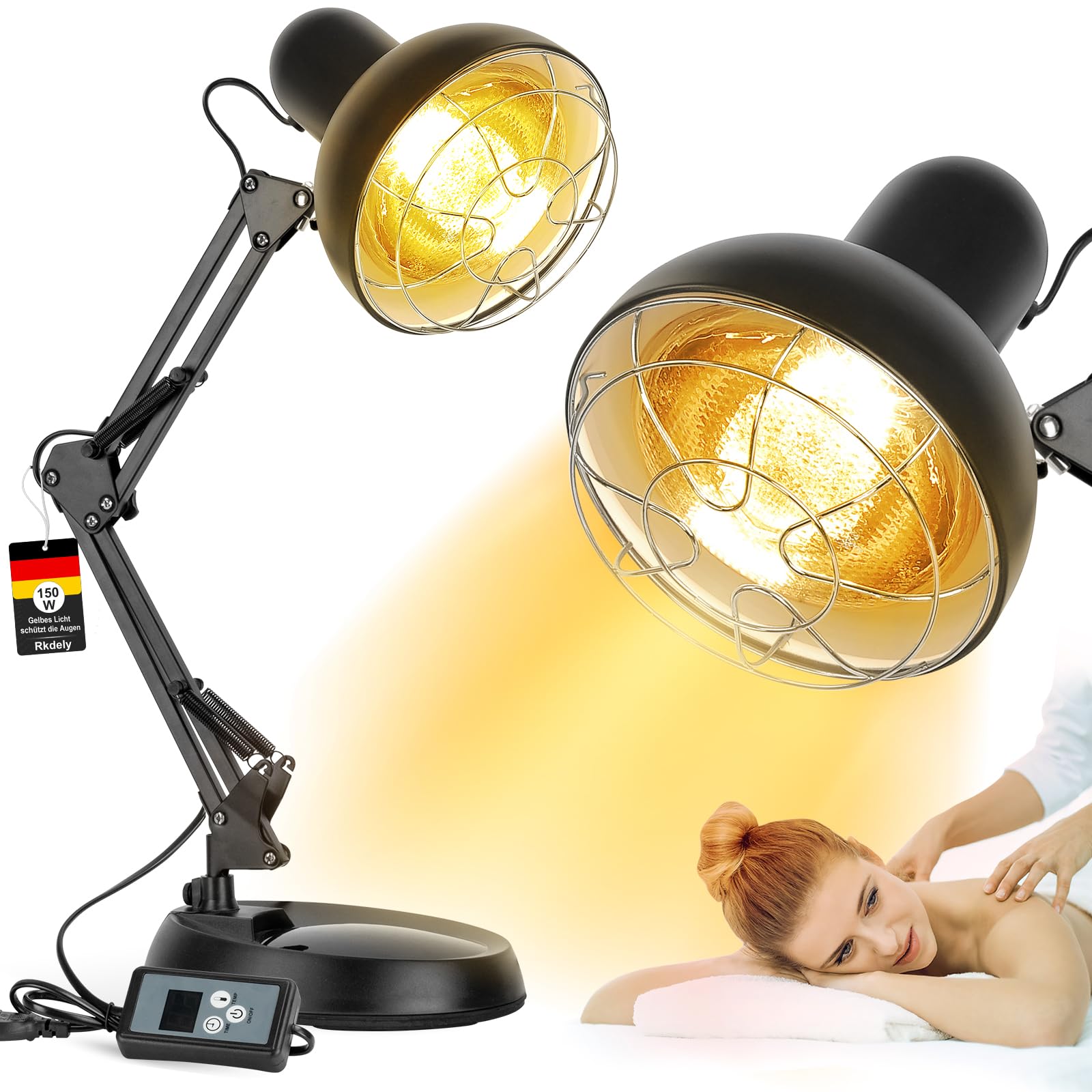 Lampara Infrarrojos, Lámpara de Infrarrojos de Amarillo 150W, Lampara luz Roja Alivia la Tensión, Temperatura Ajustable luz Roja con Temporizador