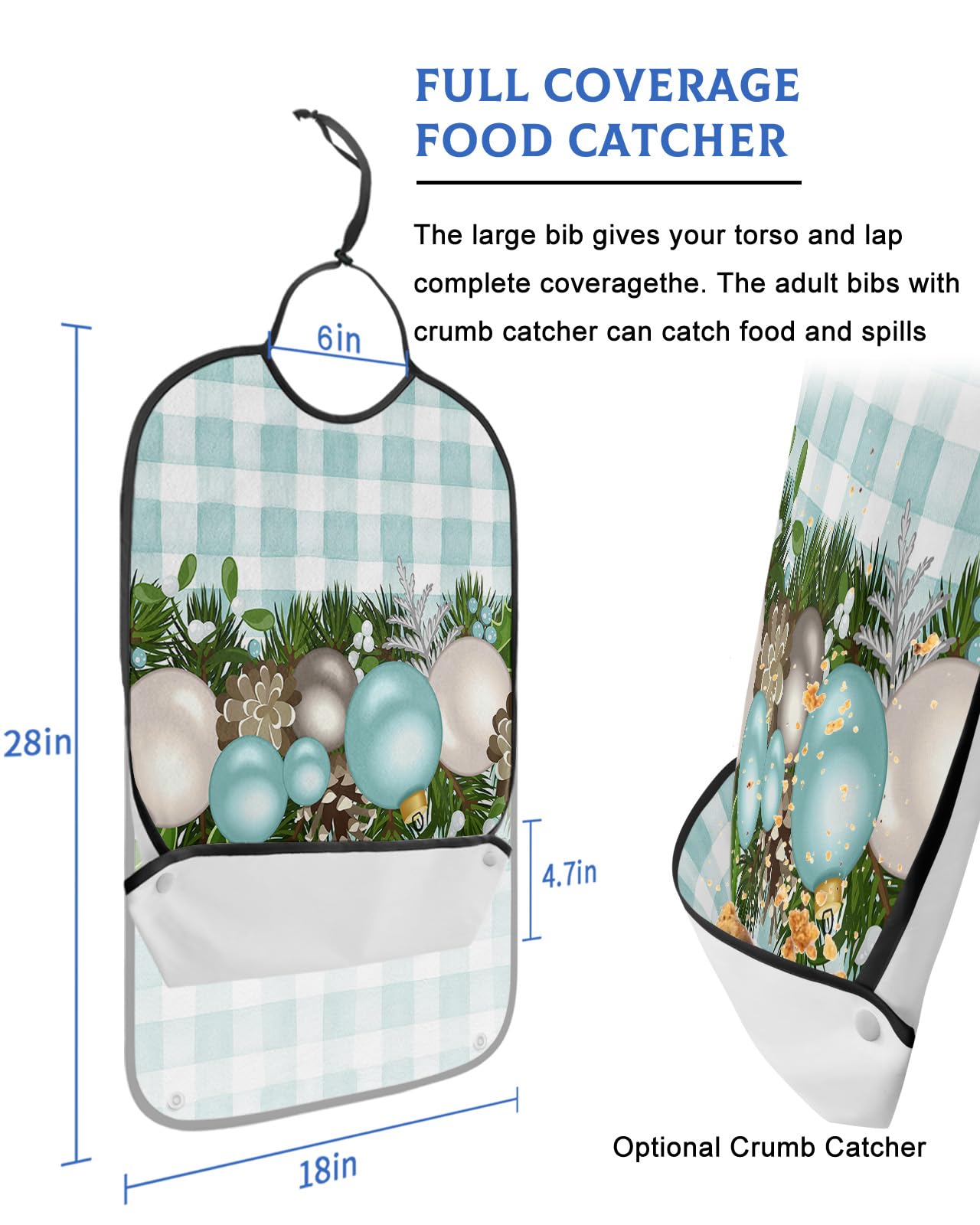 LEOKOTI Christmas Balls Adult Bibs for Eating, Waterproof Bibs with Food Catcher & Adjustable Snap Closure, Xmas Pine Needle Berry Teal Plaid Washable Clothing Protectors Adult Bibs for Elderly