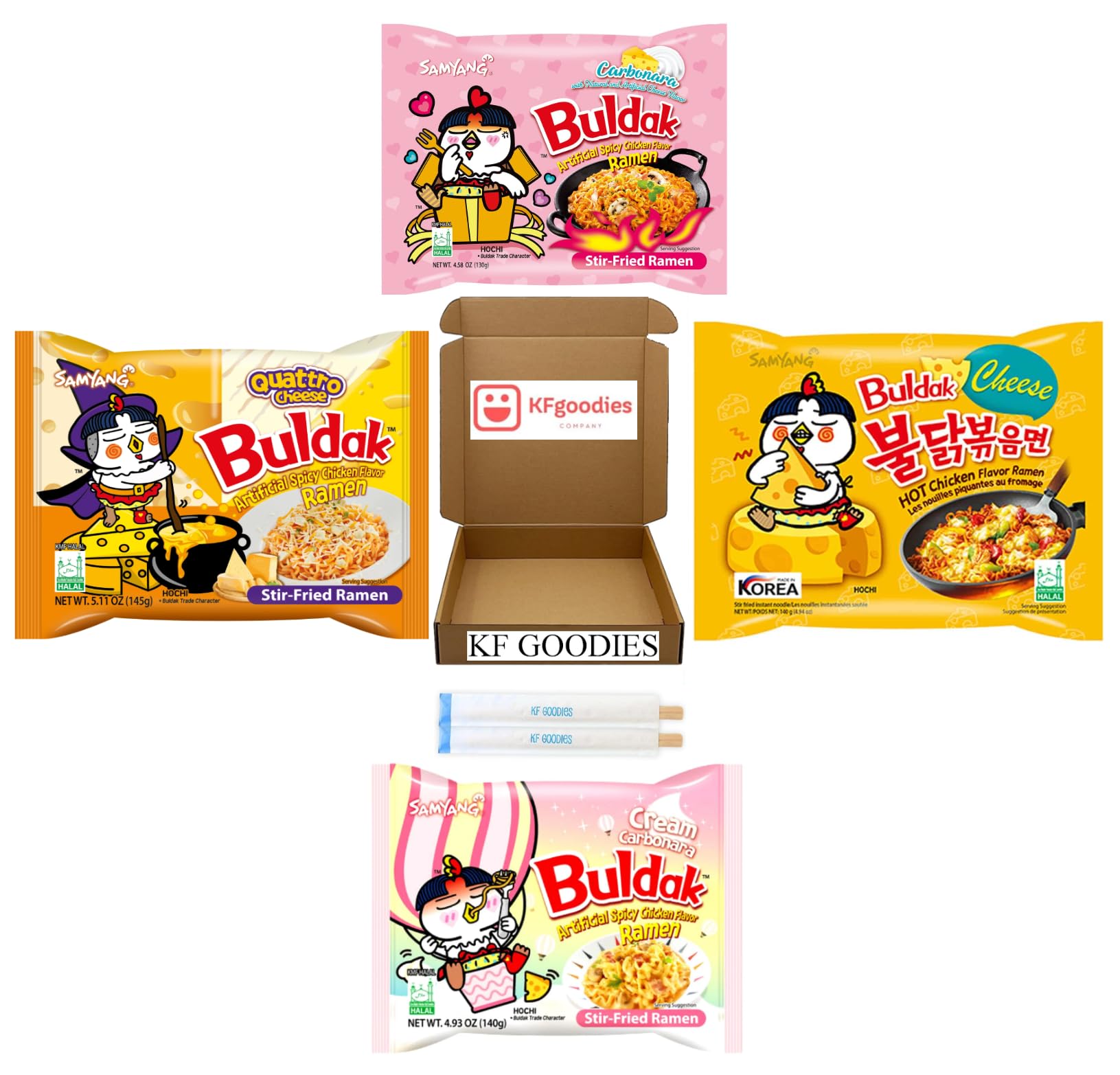 KF GOODIESKorean Ramen Variety Pack Gift Box (4 Count) – Spicy Buldak Noodle Assortment for Birthdays, College Care Packages, Office Snacks, and Gift Baskets