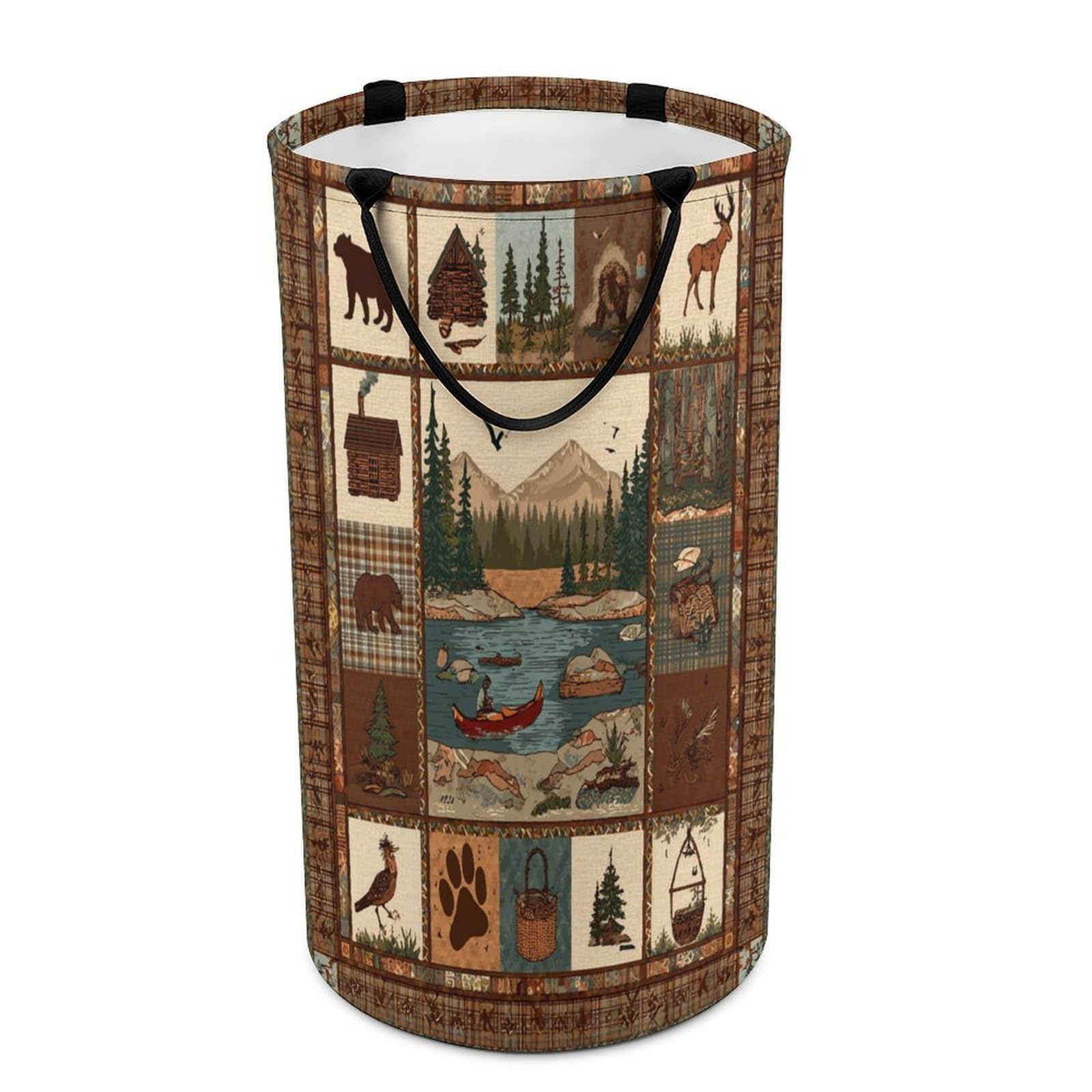 LUYYSKY Classic Watercolor Hunting Theme Versatile Storage Laundry Basket, Rustic Vintage Farmhouse Cabin Wild Animal Bear Moose Bird Large Capacity Bathroom Hamper With Handle