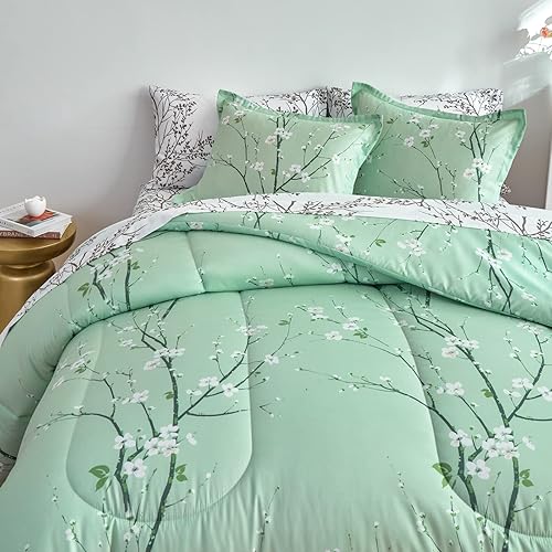 Miniatura 5 de Juego de sábanas de edredón color verde, 7 piezas de tamaño Queen, diseño de ramas de árbol y flores, juego de ropa de cama reversible de microfibra
