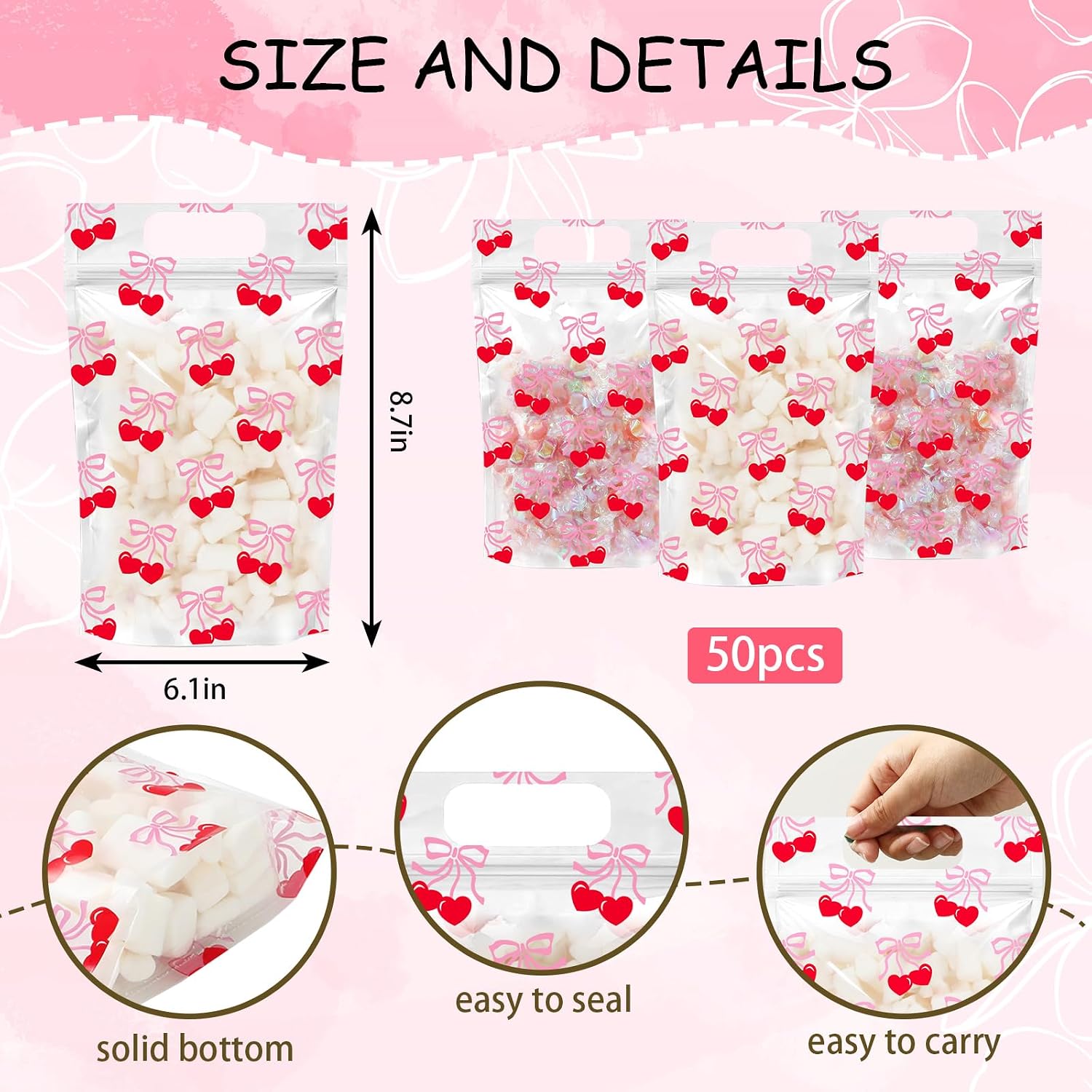 JarThenaAMCS 50Pcs Cherry Bow Zip Treat Bag Pink Coquette Plastic Candy Bag Cute Resealable Goody Gift Bags with Handle for Bridal Baby Shower Girl Bachelorette Party Favor Wrap Supplies image 2