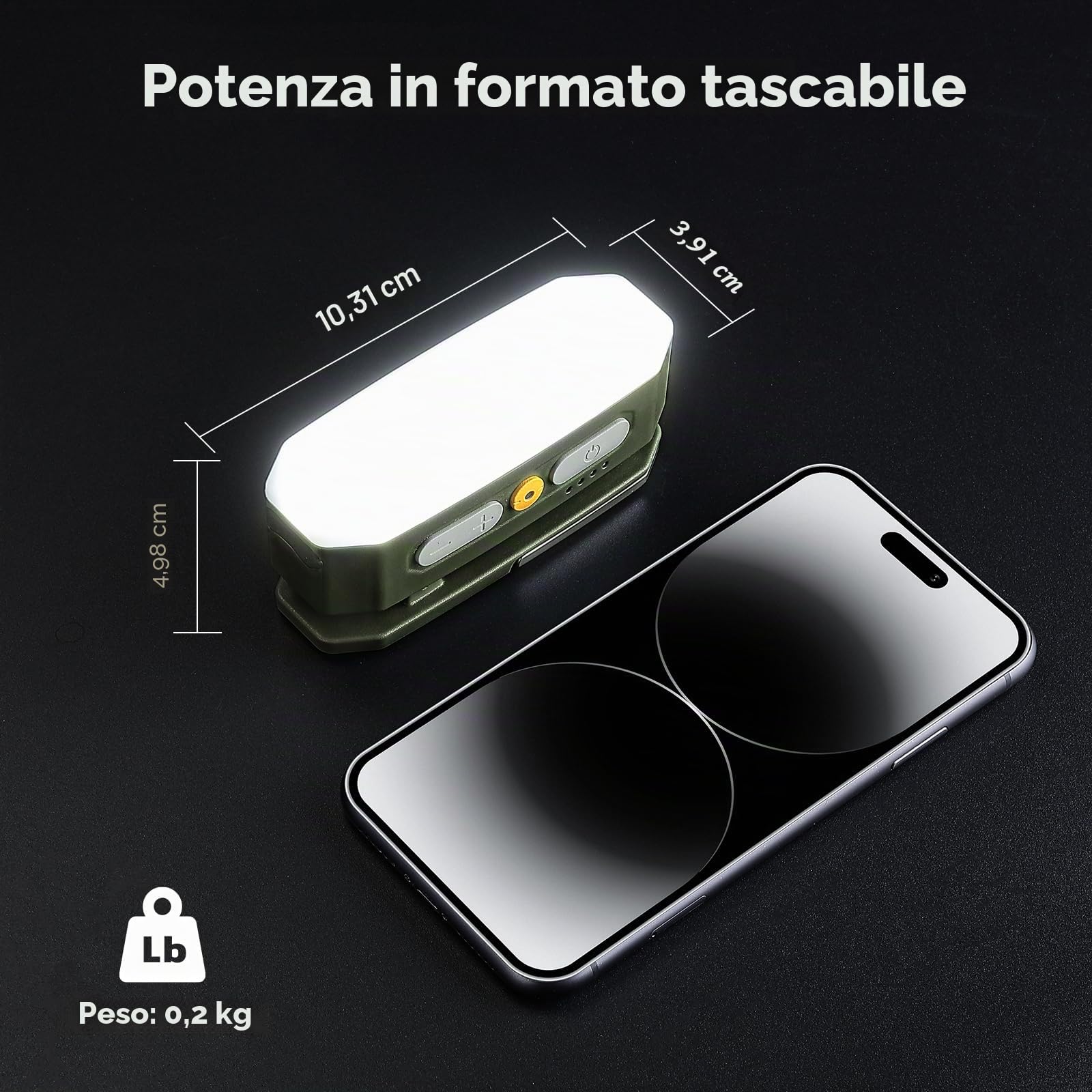 BougeRV Lampada Campeggio AL01, Sensore, Autonomia 48h, Verde Scuro | 380lm, 3200mAh, Lanterna Ricaricabile, 5 Livelli, 4 Modalità, Gancio e Magnete, Luce da Tenda per Viaggi ed Emergenze