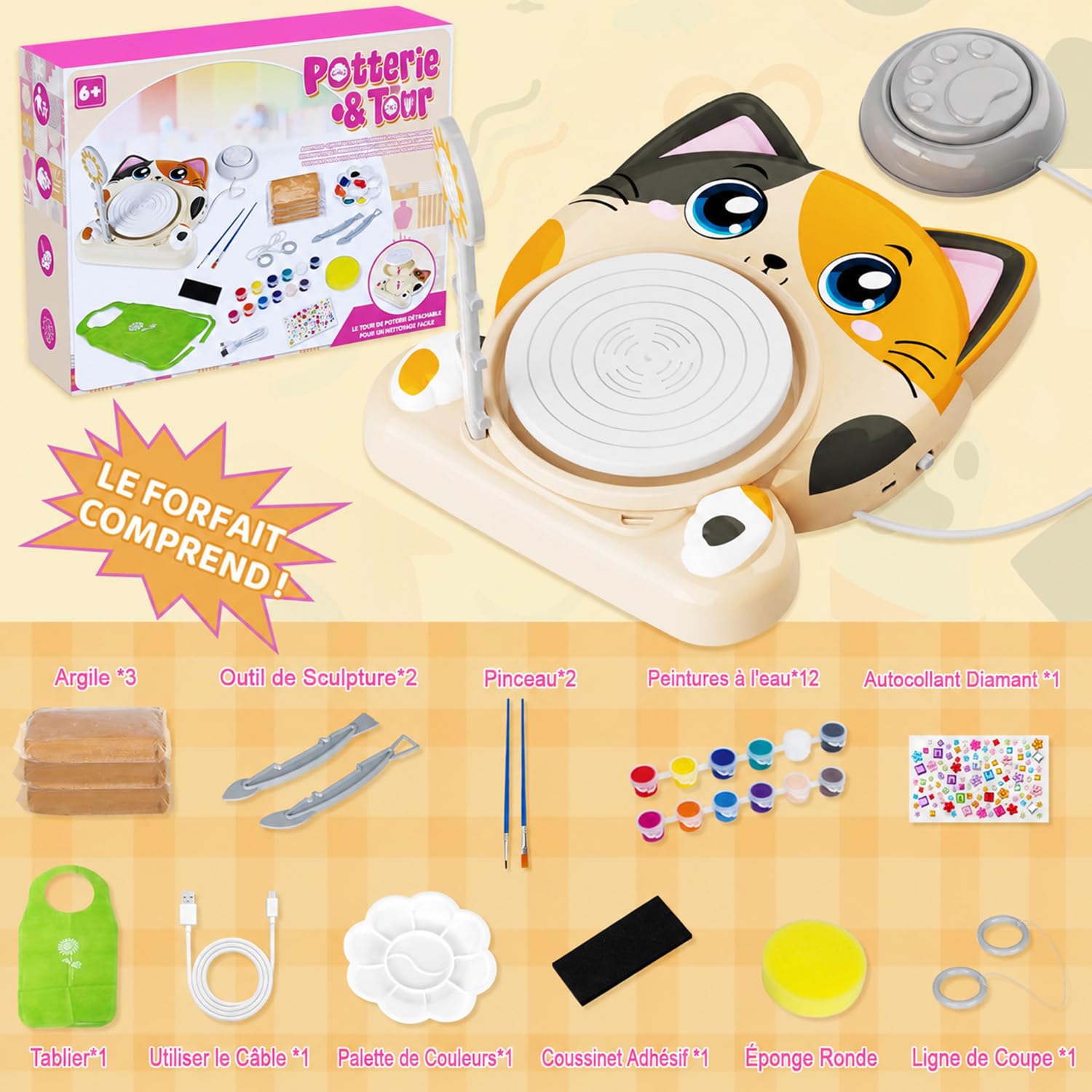 Kit Poterie Enfant - Jouet Tour de Potier Électrique - Atelier de Poterie Complet pour Débutants 6+ Ans avec 3 x Argile Auto Séchante – Activité Manuelle Enfant Cadeau pour Garçons/Filles (Motif Chat)
