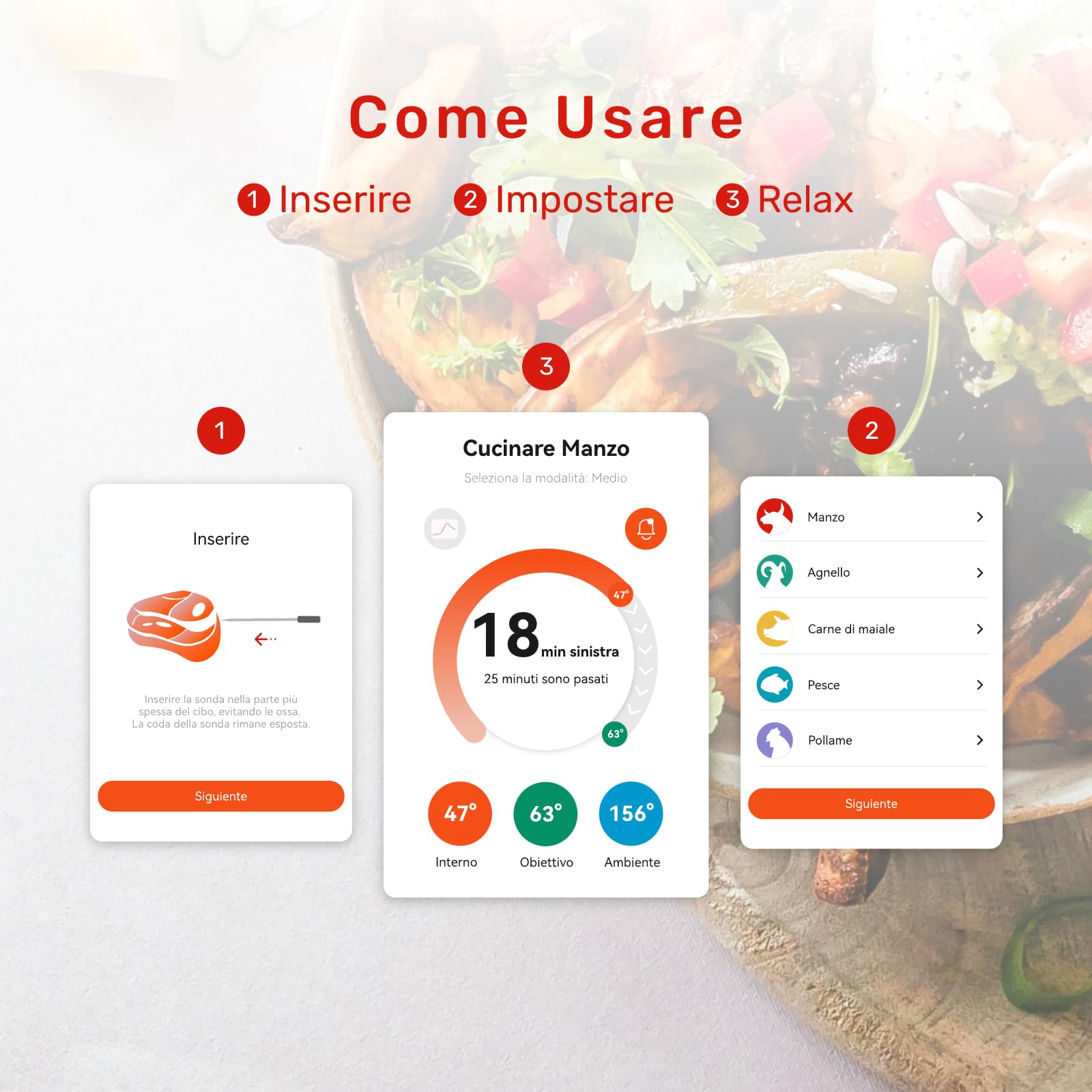 Meatmeet S Pro Termometro per carne con Bluetooth, 6 sensori di temperatura funzionano simultaneamente, precisione ±0,1°C, monitoraggio tramite app con allarme, IP69 impermeabile e resistente all'olio