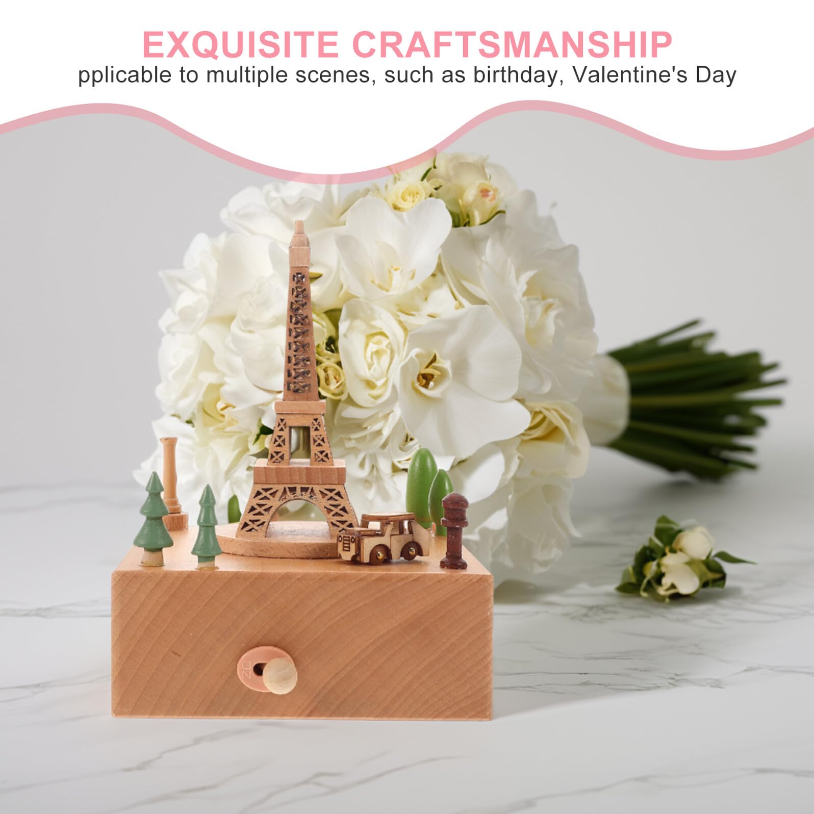 Baluue Caja de Música de Madera con Diseño Torre Eiffel Carrusel Musical para Niñas Adorno Decorativo para Dormitorio Obsequio Infantil para Cumpleaños y San Valentín Melodías