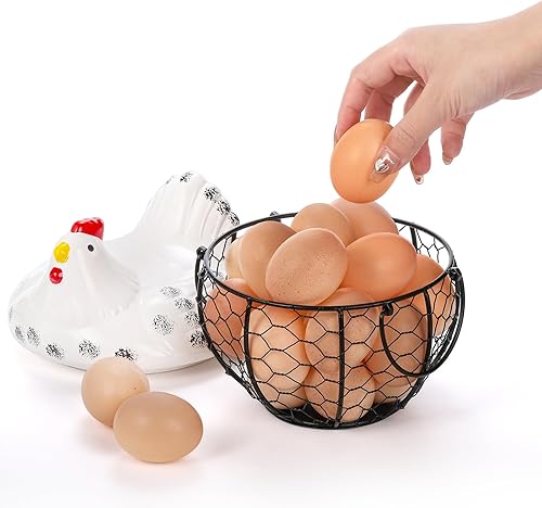 Miniatura 4 de AVLA Cesta de huevos de gallina, colección de huevos de alambre negro con tapa de cerámica para recolectar huevos frescos, soporte para huevos de
