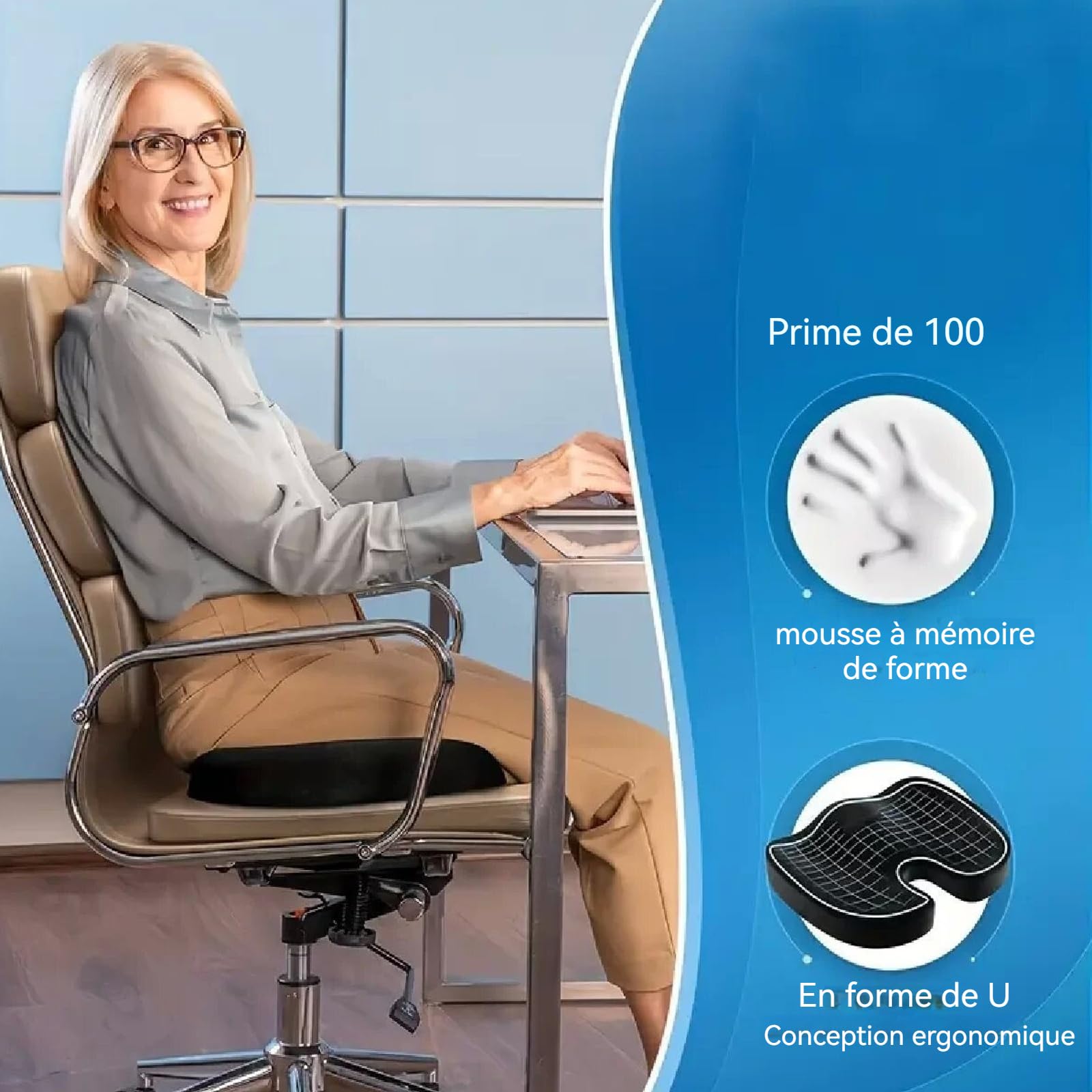 Coussin de siège 45x35x7cm orthopédique Ergonomique Coussin de Coccyx en Mousse à mémoire réglable pour siège de Voiture et Bureau