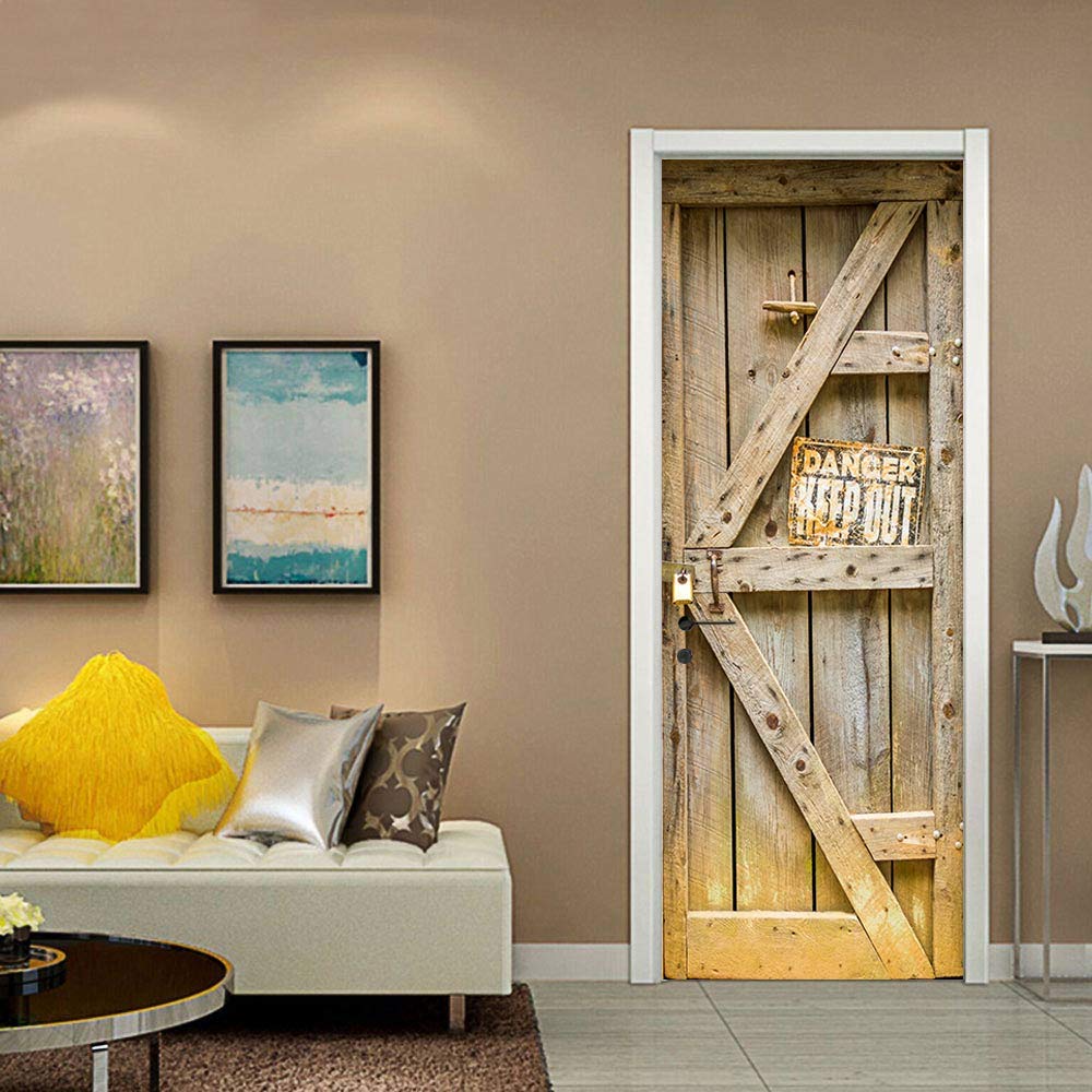 Sticker Porte Effet Bois 3D - Autocollant Trompe-l'œil 77x200 Cm Pour Décoration Murale Facile