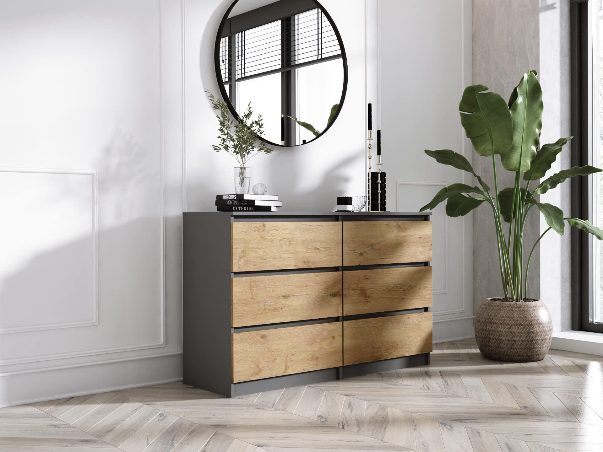 3E 3xE living.com cassettiera, credenza con 6 cassetti Antracite e Rovere lancelot, 120 x 79 x 39 cm