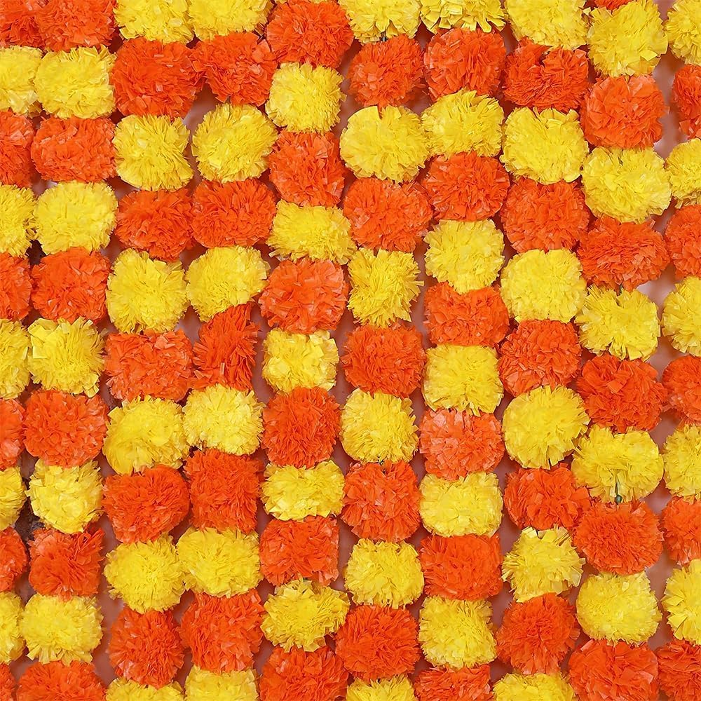 One Best Deal Yellow And Orange Obd 5 X Artificial Marigold Flowers Faux Garland Flowers 5 Feet Indian Marigold Garland For Diwali Pooja Decoration Traditional Wedding Home Mehndi Decor & Outdoor Party (Yellow And Orange)