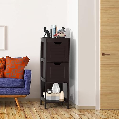 Miniatura 5 de Tangkula Armario de suelo de baño, gabinete de almacenamiento estrecho de madera con 2 cajones conmutables, gabinete lateral multifuncional para