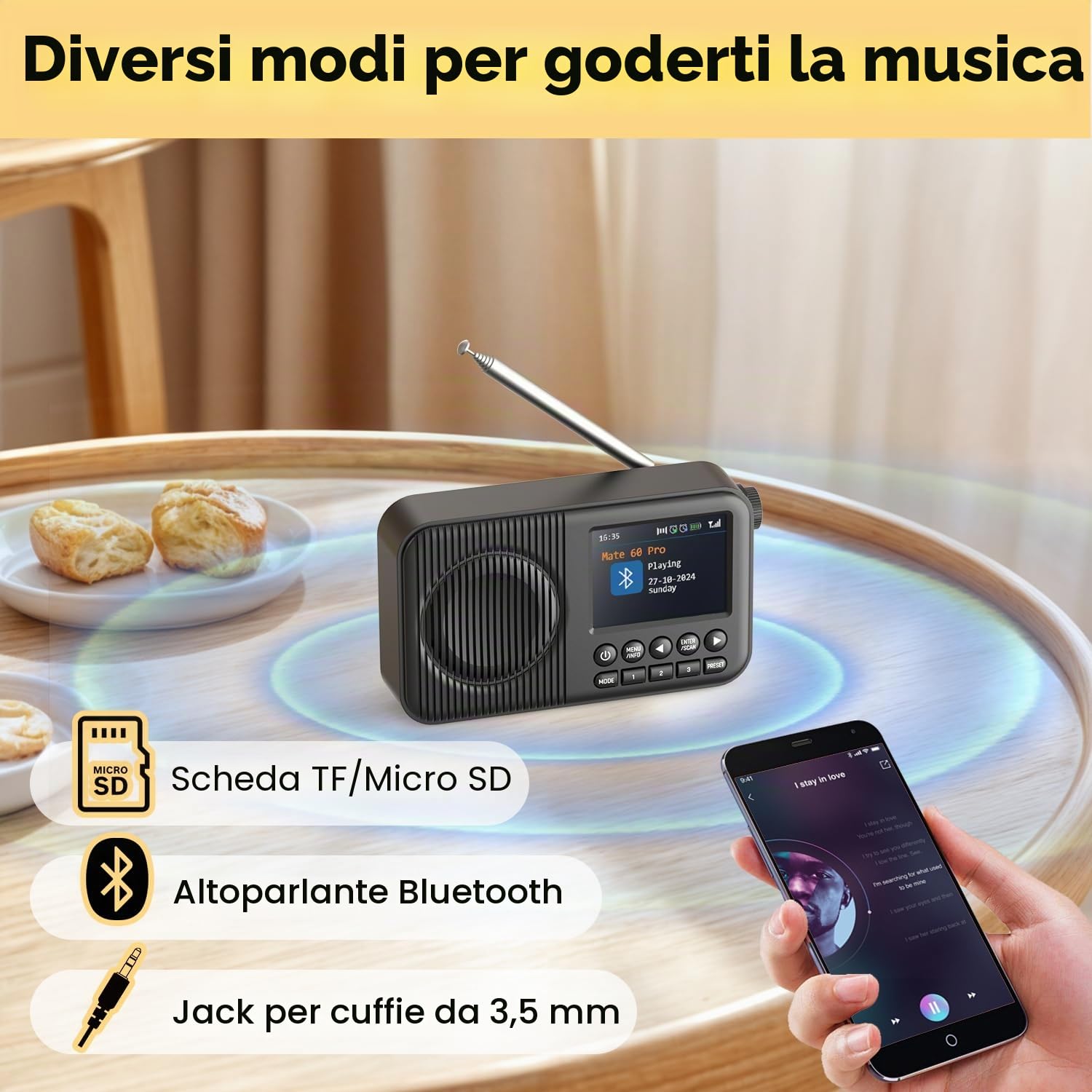Arafuna Radio Portatile, Radio DAB Con Schermo LCD Da 2,4”, Radio Portatile Bluetooth, Radio FM Con Doppia Sveglia, 60 Stazioni Preimpostate, Connessione SD/TF/AUX, Timer Sonno, Ricaricabile scuro
