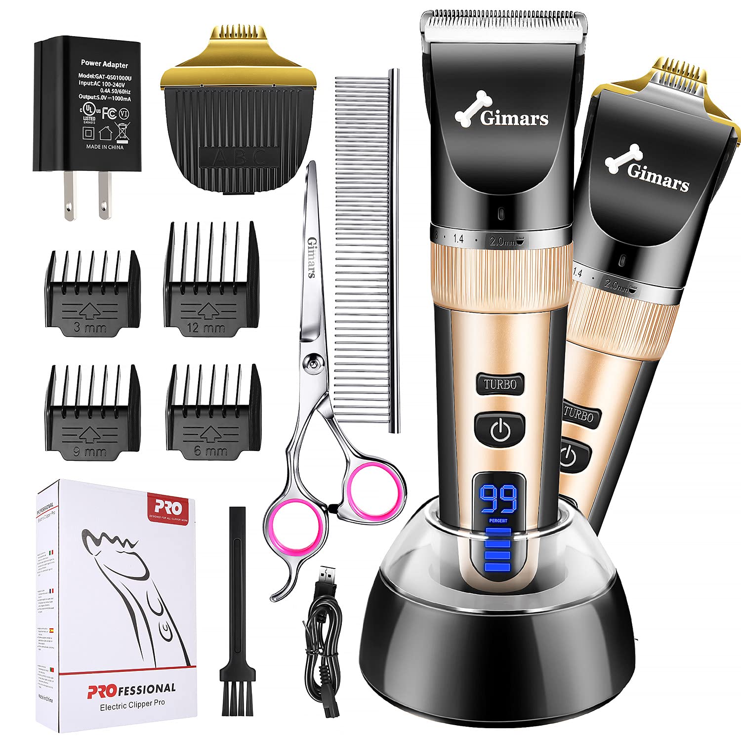 Gimars 2 in 1 Ceramic Blade Dog Grooming Clippers with Small Trimmer, Upgraded 7000 RPM Powerful Motor Quiet Rechargeable Dog Shaver Hair Clippers Kit with Comb, Scissors USB Cordless Electric Clipper