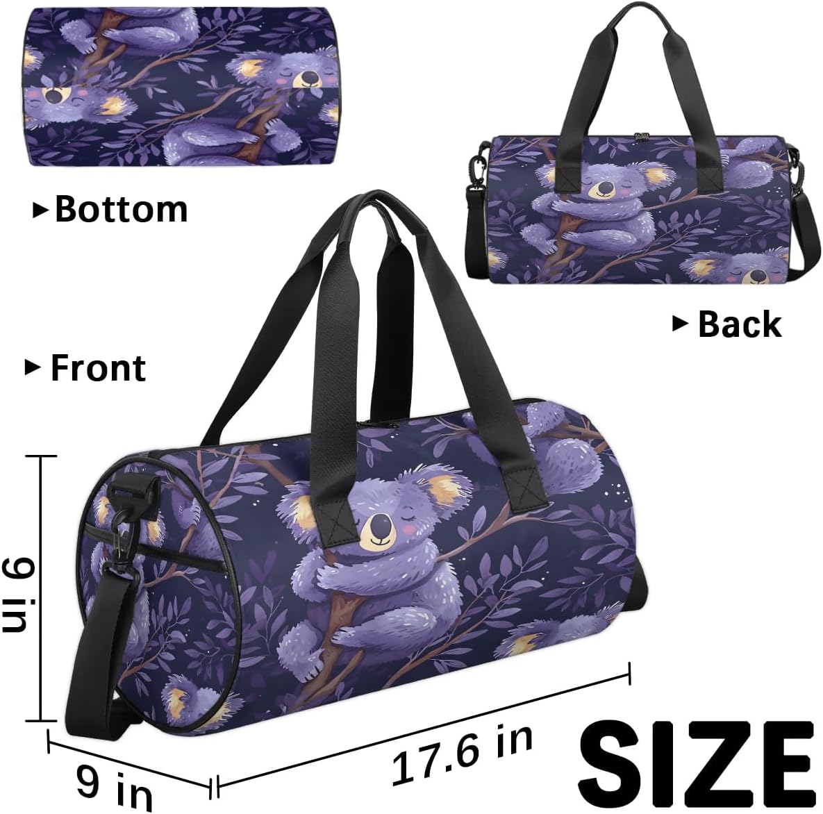 Koala Purple Travel Gym Bag Waterproof Sport Dance Bag for Women Men Portable Gymnastics Duffel Bags Canvas Tote Carry on Handbag for Workout Overnight Weekender