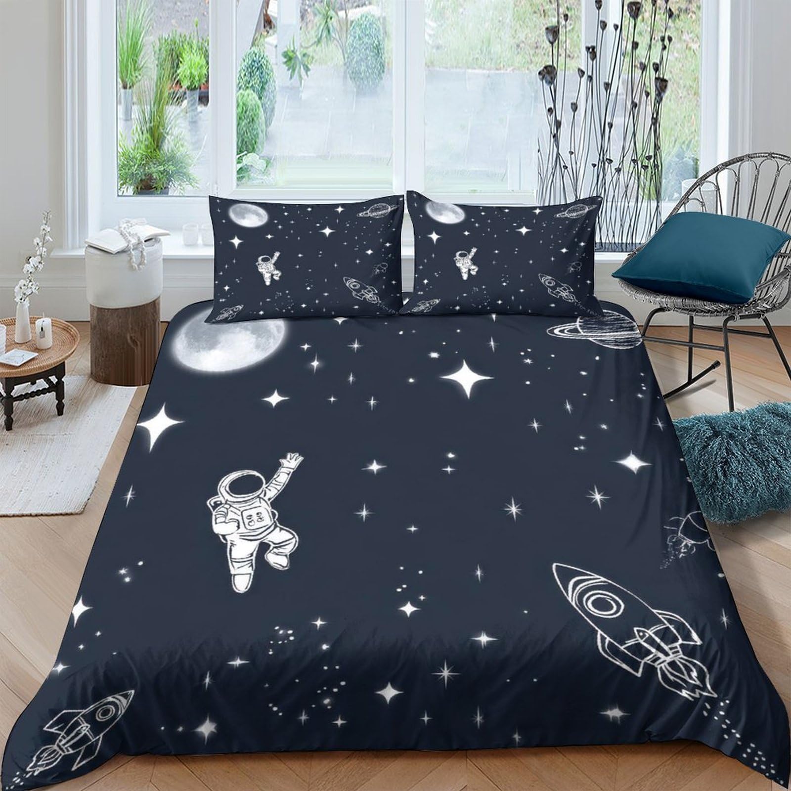 Unrxjzlvm Style-2 Space Astronaut Duvet Set Microfiber Teens Bedroom Decor