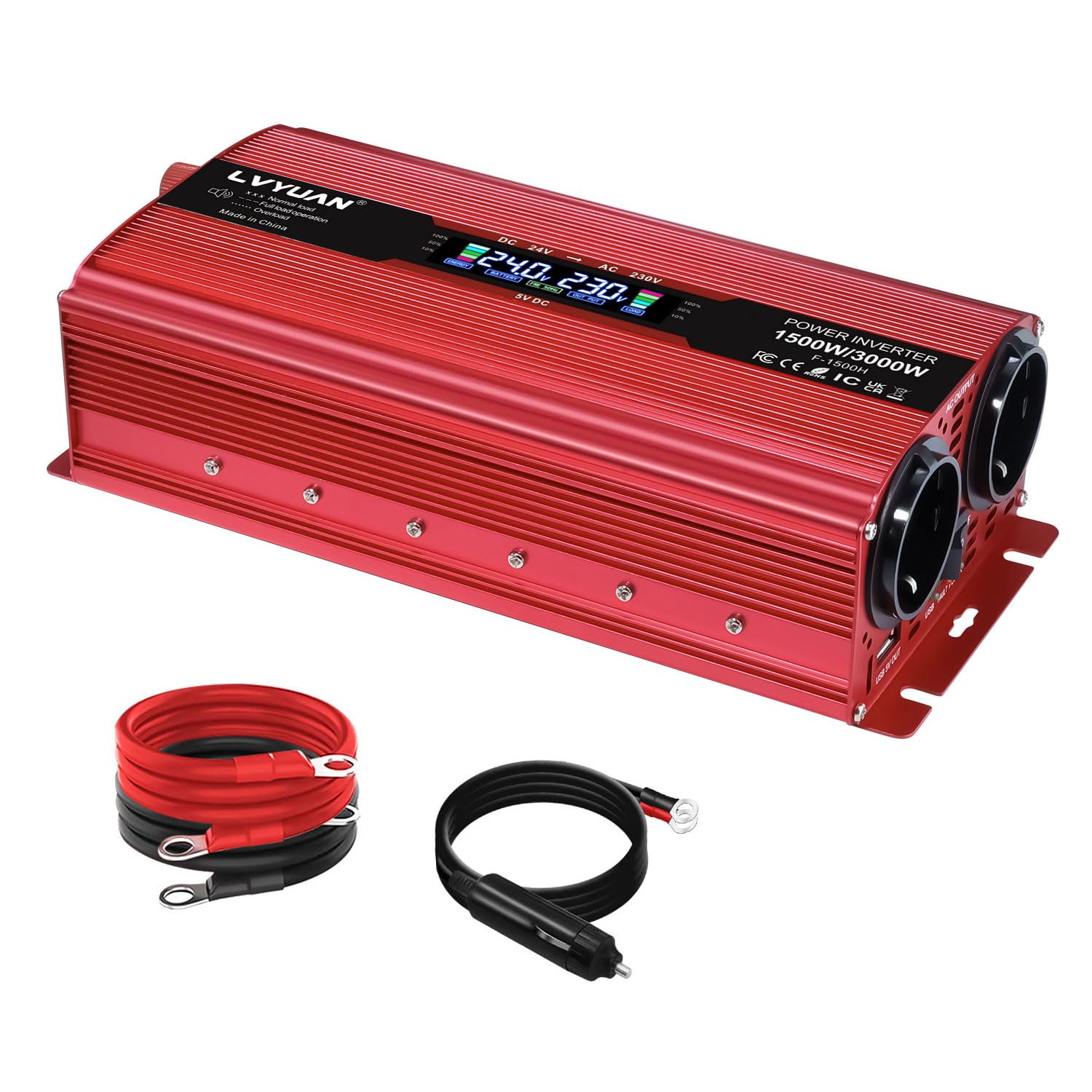 LVYUAN Przetwornica 24 V 220 V 1500 W/3000 W Przetwornica napięcia z wyświetlaczem LCD, 2 gniazdami UE, USB 5 V i gniazdem zapalniczki samochodowej