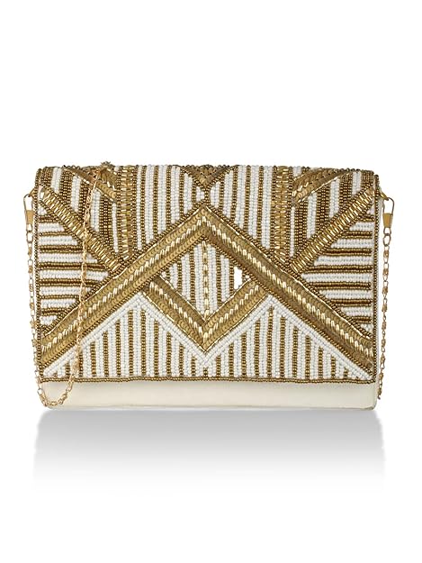Priyaasi Chalky Gold Beaded Party Clutch