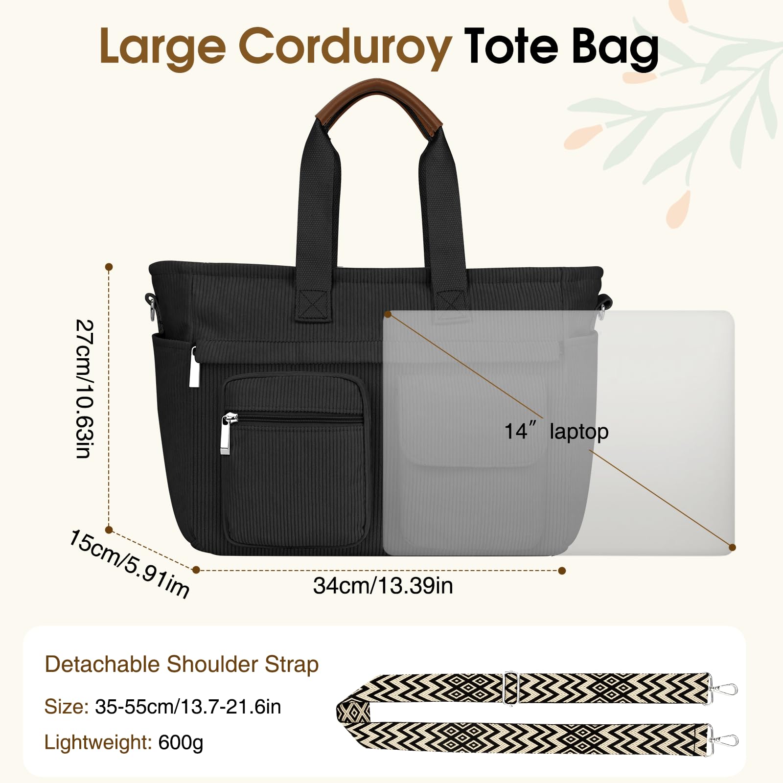 Sac a Main Femme en Velours Côtelé, Grand Tote Bag Bandoulière Réglable avec Fermeture à Glissière et Poches, Léger Sacs à main Ordinateur 13-14" pour Travail Shopping Université Voyage