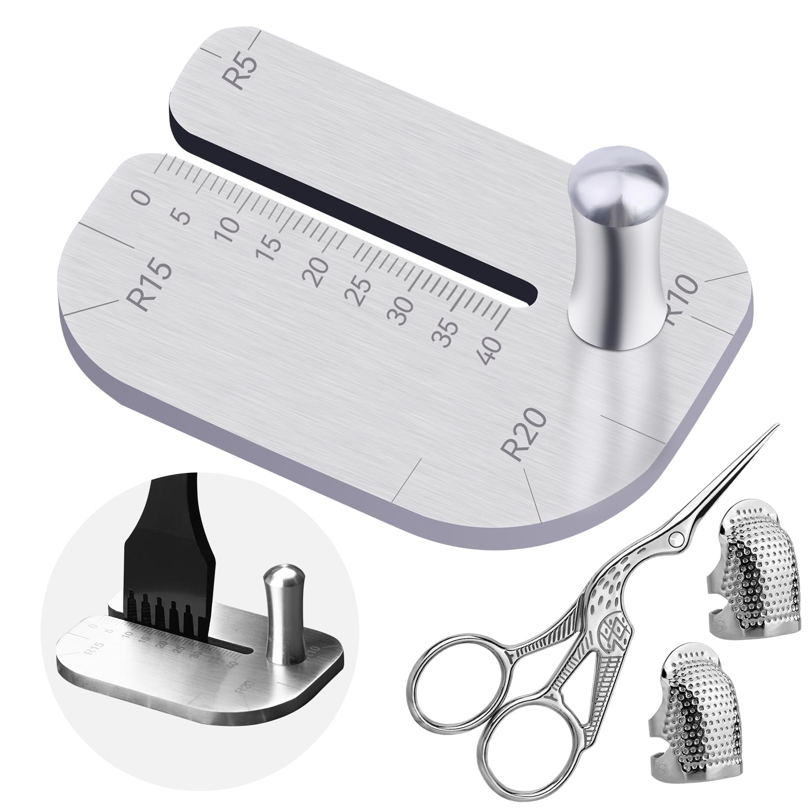 TLKKUE Leather Stitching Punch Aid Plate, Stainless Leather Punch Plate with Sewing Stork Scissor and Thimbles, Leather Punch Aid Plate for Pulling Out Diamond Rimmed Chisels or Nail Irons