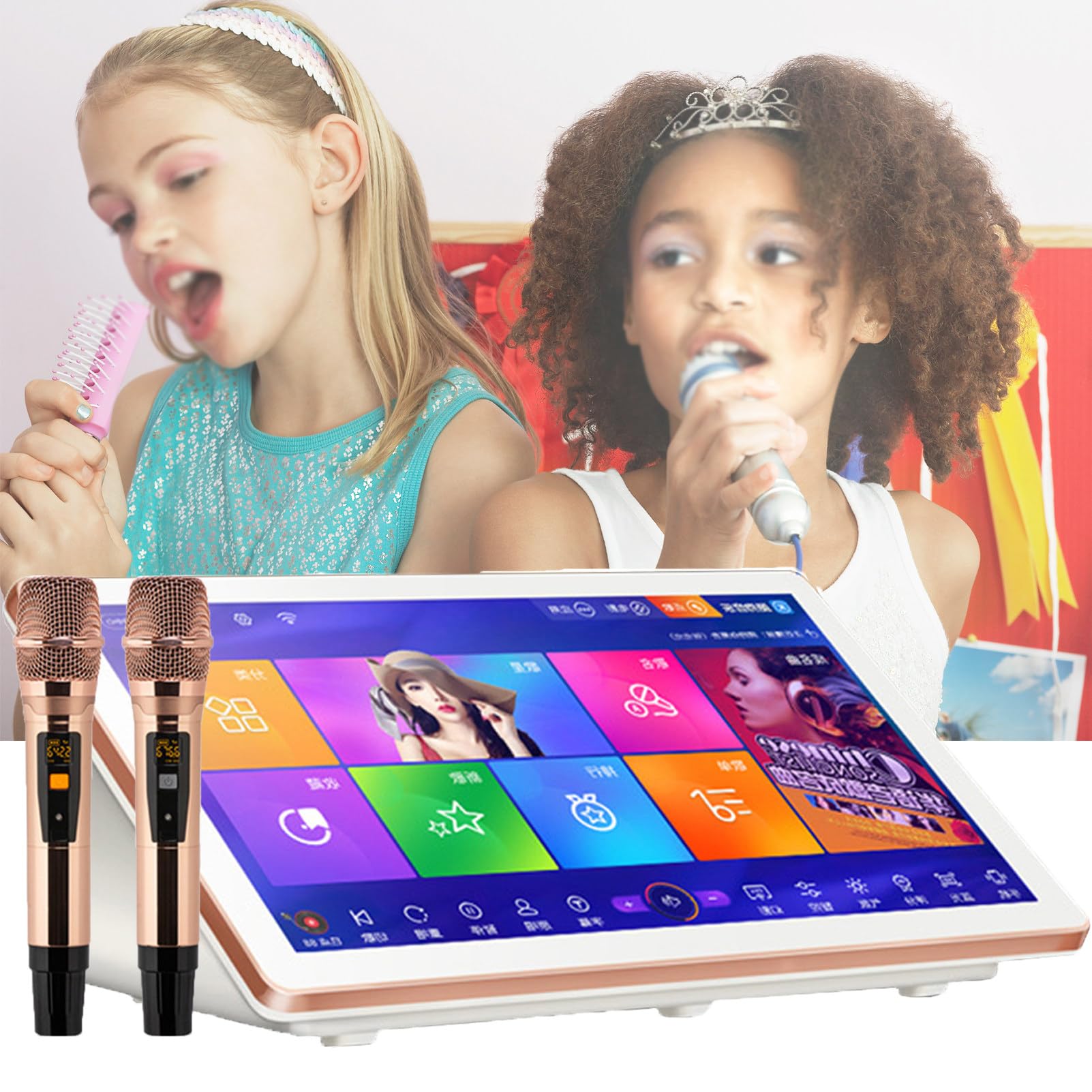 Machine de karaoké portable, lecteur de karaoké tout-en-un avec écran d'affichage des paroles de 18,5 pouces, application YouTube de type bureau en ligne pour fête de bar en famille, blanc-1 To