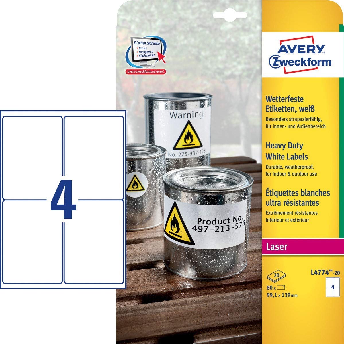 Avery Zweckform L4774-20 Heavy Duty White Labels 99.1 x 139 mm Weather-Resistant 20 Sheets / 80 Labels White