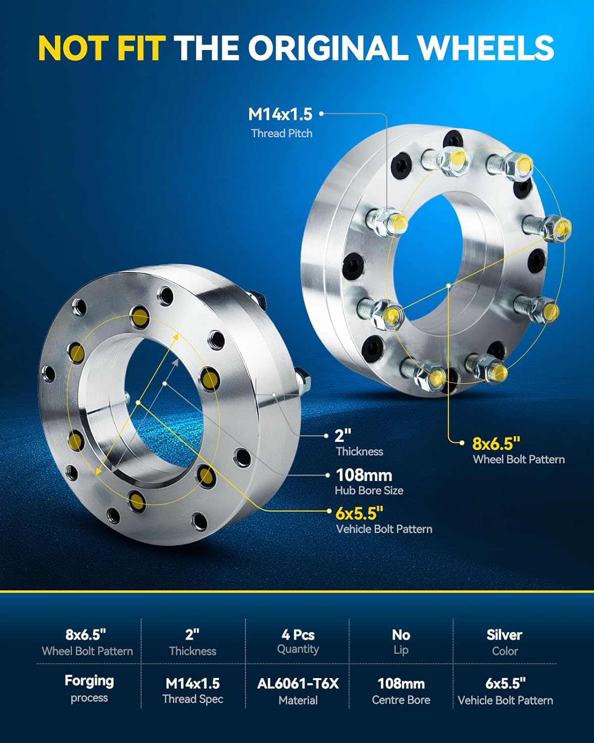 PHILTOP 6x5.5 to 8x6.5 Wheel Adapters 2 inch for INF-INITI, 4 Pcs Lug Wheel Adapters (Changes Bolt Pattern) with 108mm Hub Bore M14x1.5 Studs fit for 2011-2013 QX56, 2014-2022 QX80
