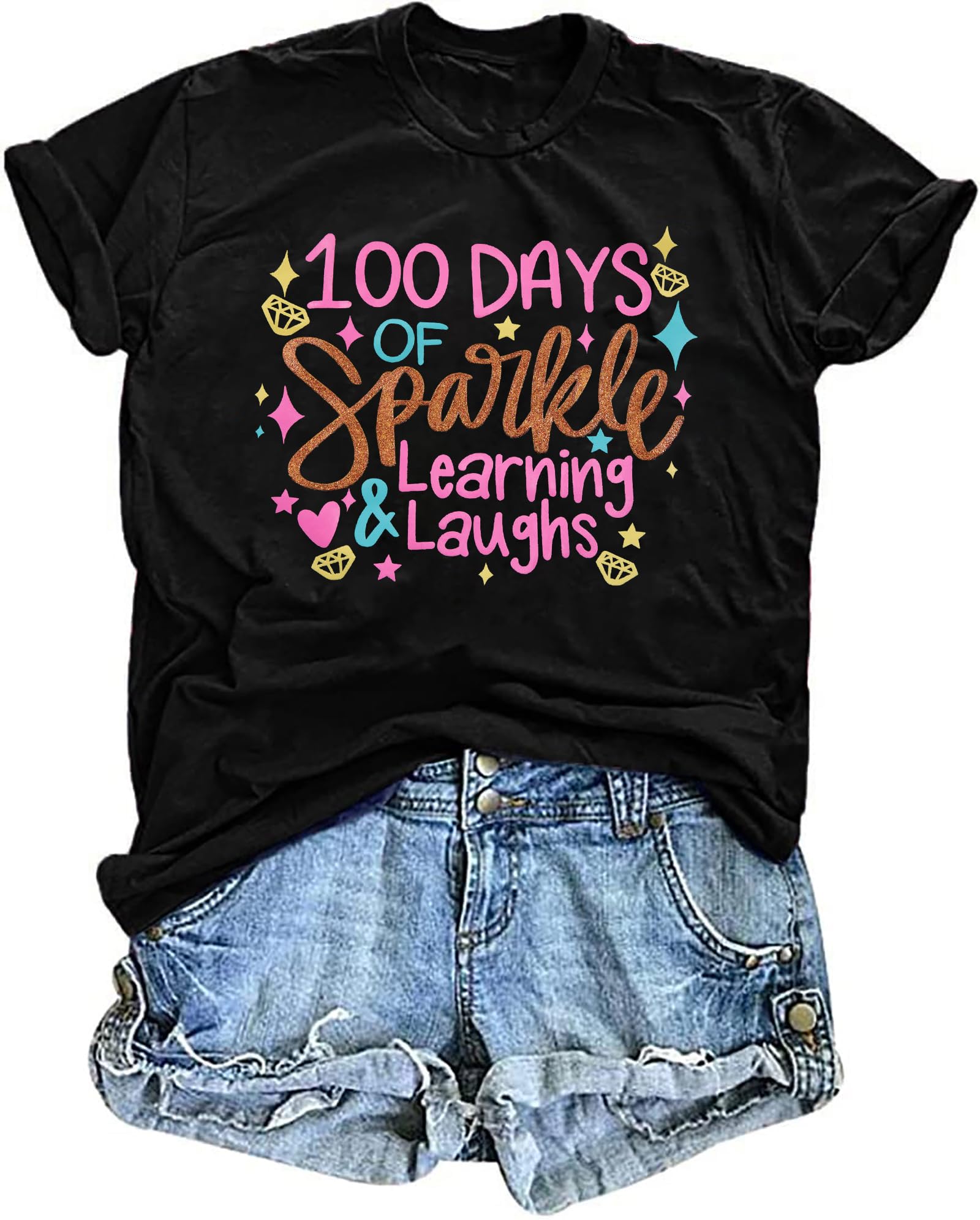 Women 100 Days of School Shirt Teacher Student Tshirt Funny Sparkle Learning and Laughs Letter Print Tee Top