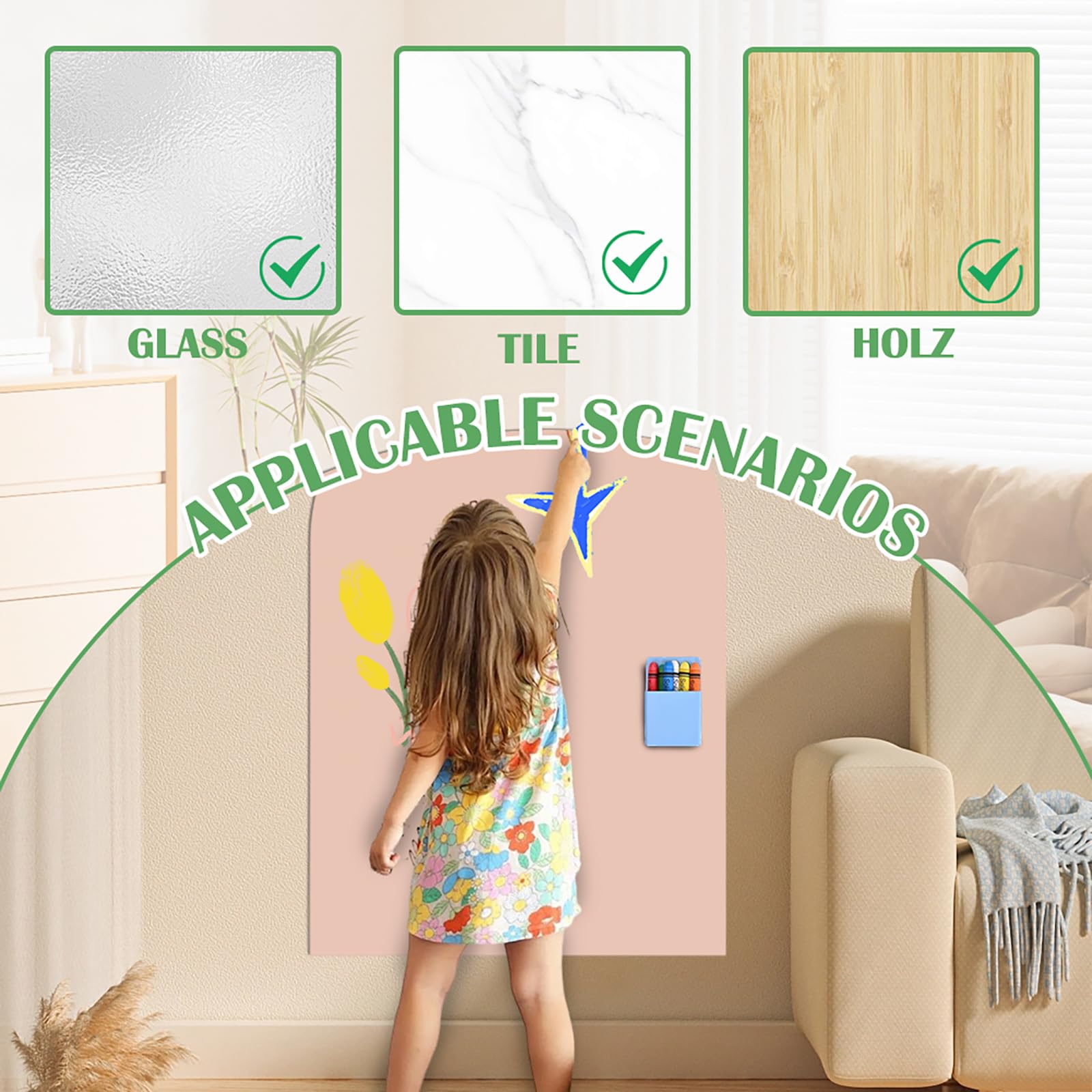Lavagna Magnetica da Parete 80 x 100 cm Autoadesiva Cancellabile per Bambini con Gessetti Rosa