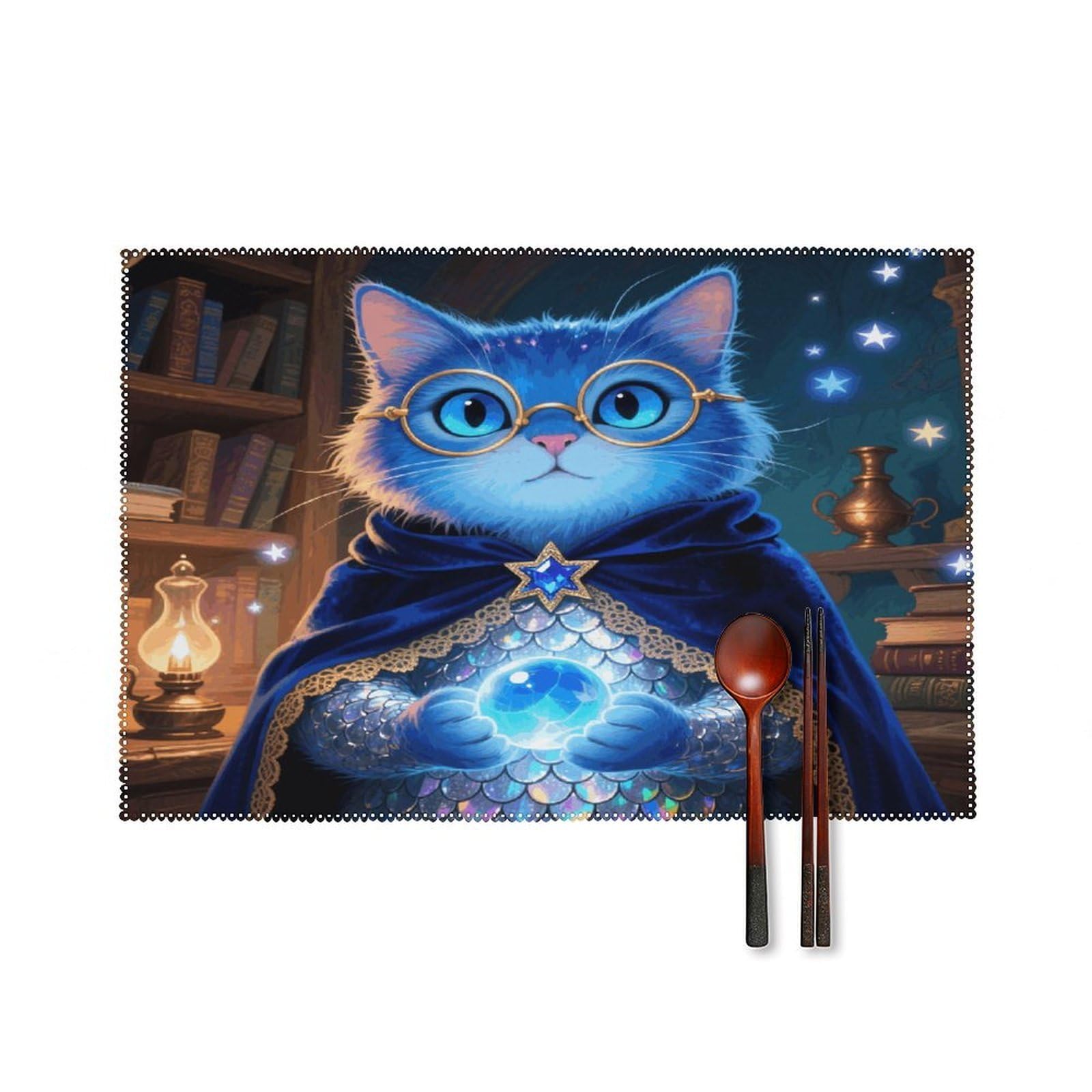 Blue Glitter Cat Placemats Set of 4 Heat Resistant Non-Slip Place Mats for Dining Table Washable Placemat Wipeable Dining Table Mat Canvas Place Mats Dining Table Decor