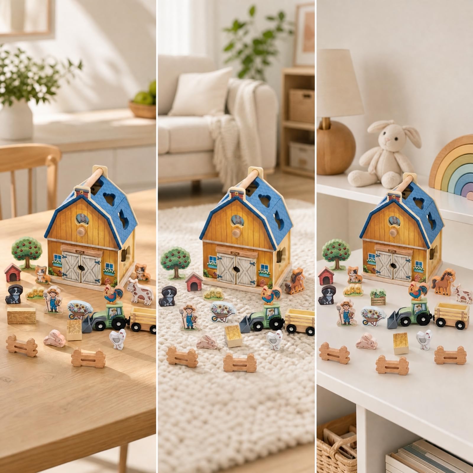 Milageto Casa delle Forme a Tema Fattoria Educativo Giocattolo di Abbinamento Forme con Maniglia Colorato Puzzle Child-Centered in Legno per Aula Scolastica