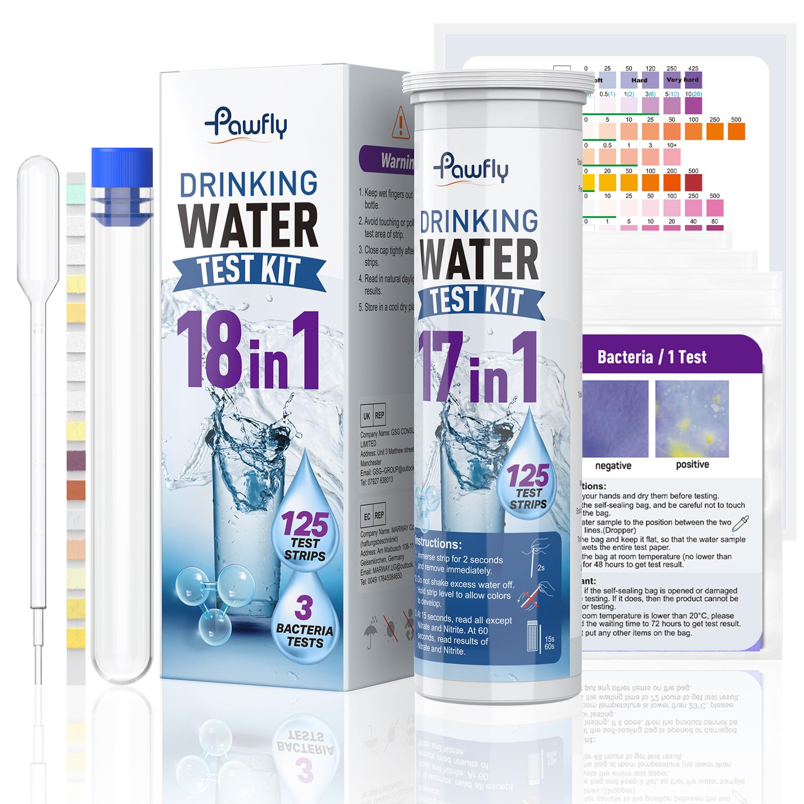 Pawfly 18 in 1 Drinking Water Test Kit, 125 Strips for Tap Water Well Swimming Pool Aquarium Spa, Home Water Quality Test Strips for pH Hardness